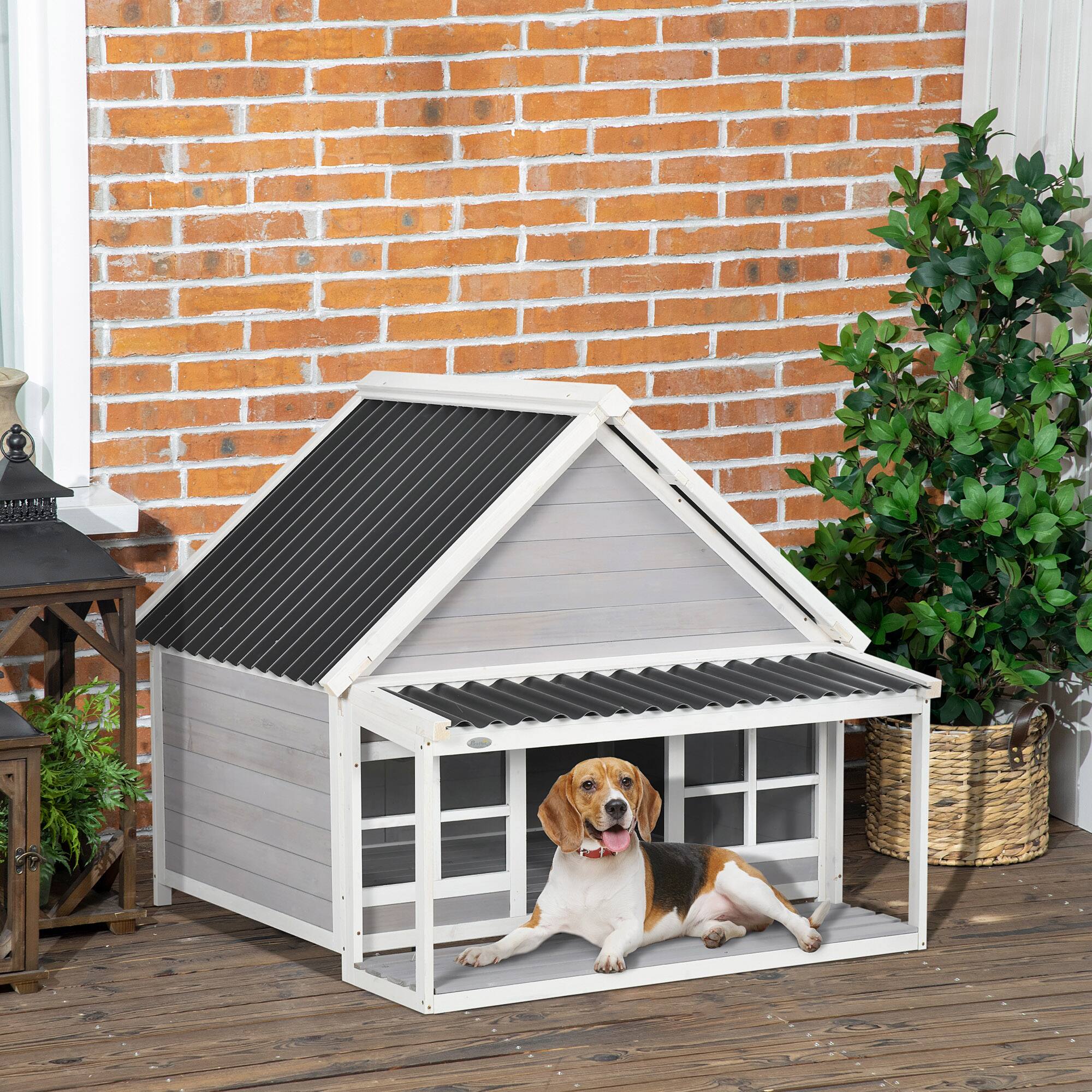Alt View 1. Pawhut - Dog House with Porch, Dog House Outdoor with Tilt Roof, Front Door - Light Gray.