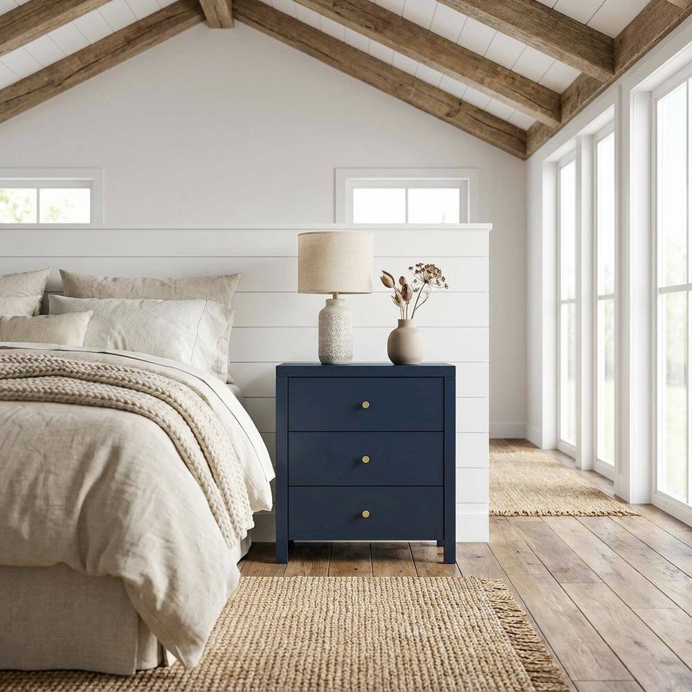 Angle. FurniFact - Midnight Blue Nightstand with Three Drawers and Casual Style - Blue.
