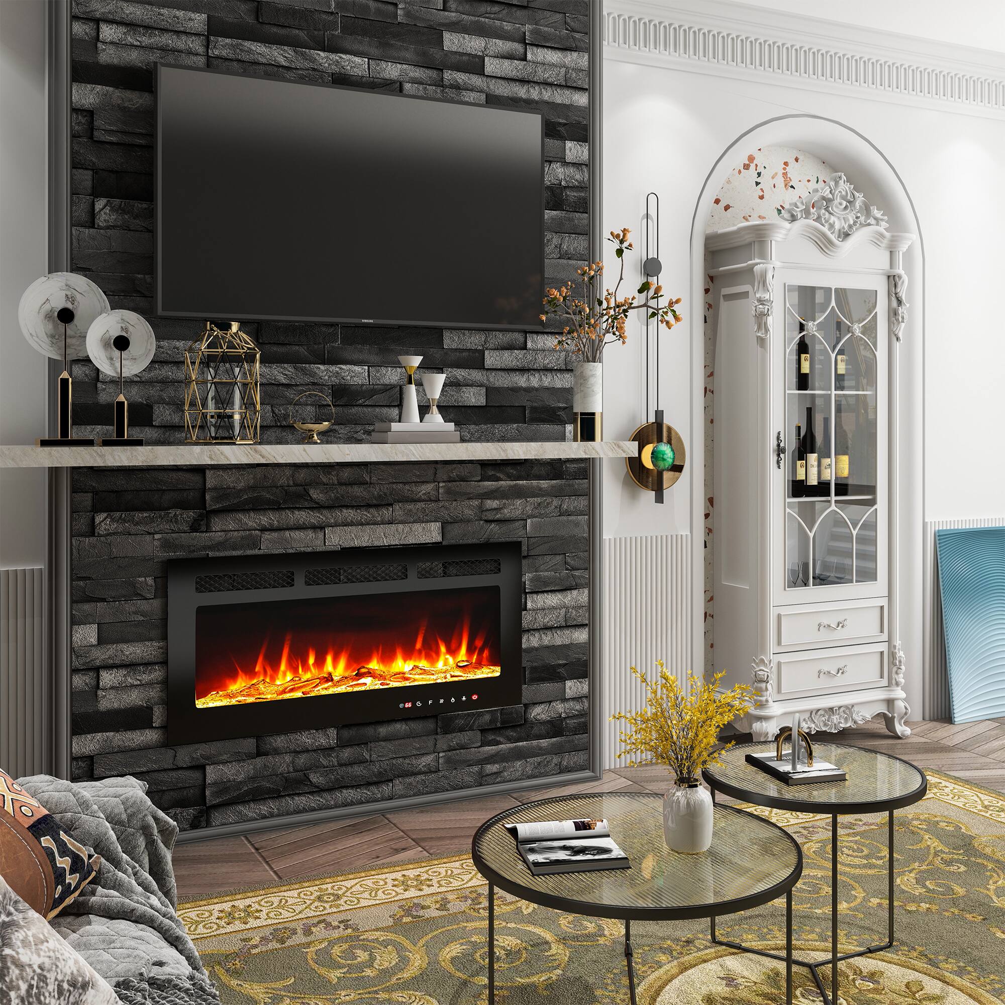 Left. Mondawe - 36" LED Recessed Electric Fireplace with 3 Light Colors Adjustable Heating and Touch Screen Control - Black.