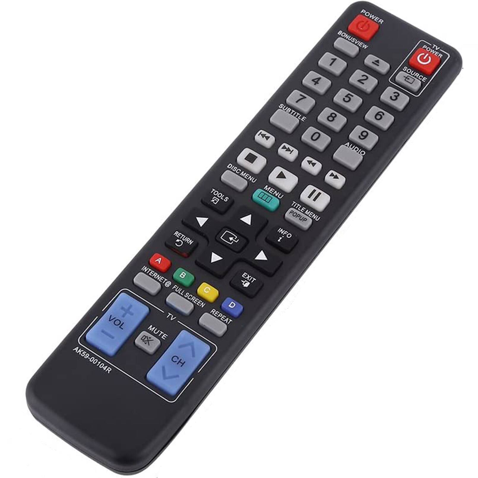 POWER BONUSVIEW TV POWER 1 4 2 SOURCE 7 5 3 SUBTITLE 8 6 H 0 9 DPI AUDIO 44 DISC MENU > TOOLS S MENU I TITLEMENU TITLE POPUP MENU RETURN INFO i A INTERNET@ EXIT FULL SCREEN D + TV REPEAT VOL MUTE CH AK59-00104R 104R CH