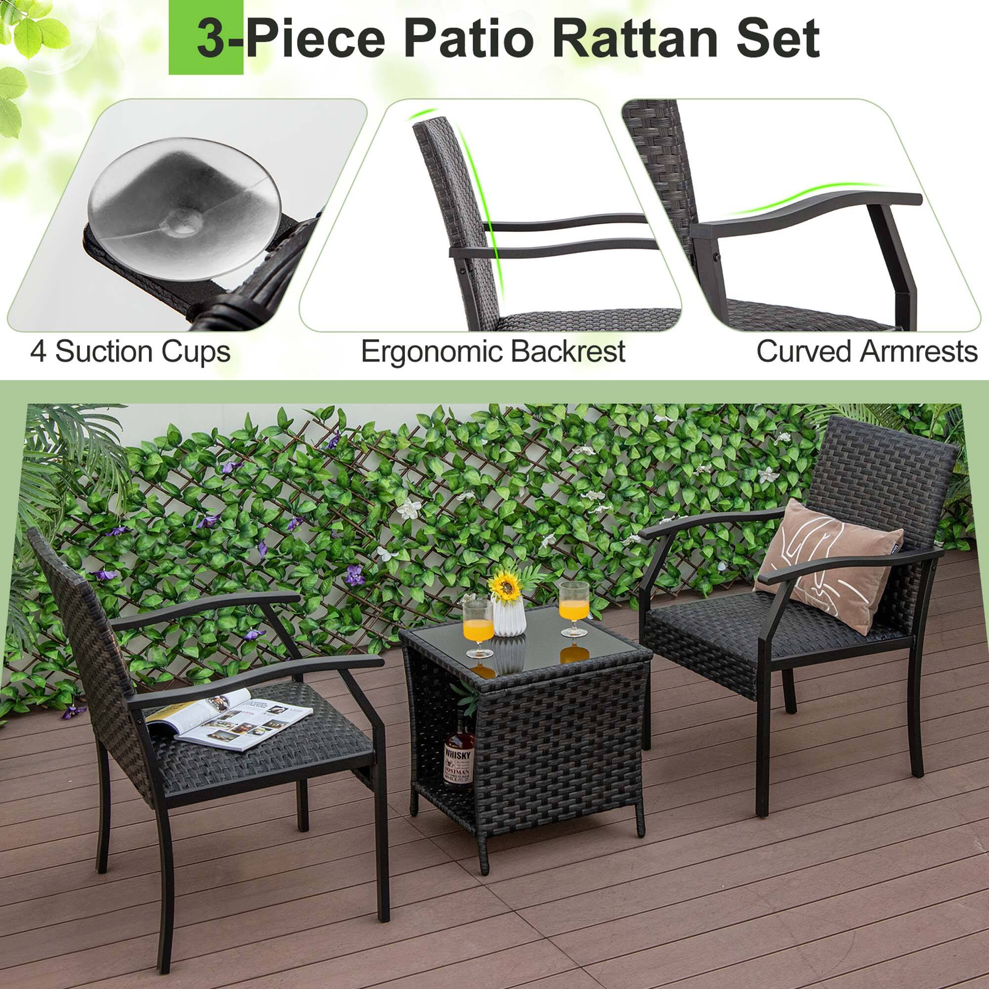 3-Piece Patio Rattan Set

4 Suction Cups  
Ergonomic Backrest  
Curved Armrests