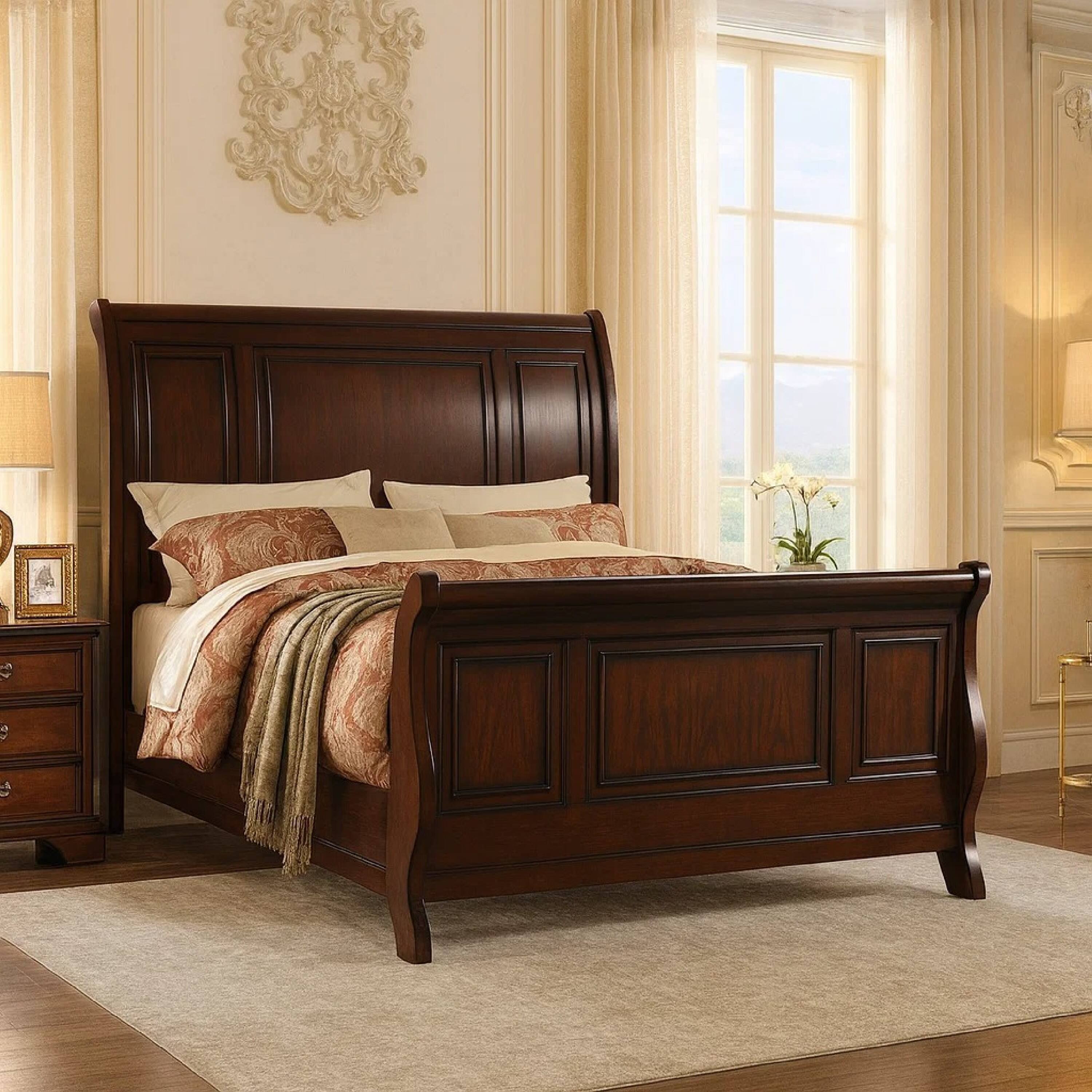 Alt View 3. Manhattan Lane - Marvelous Wooden Queen Bed, Antique Cherry Finish - Brown.