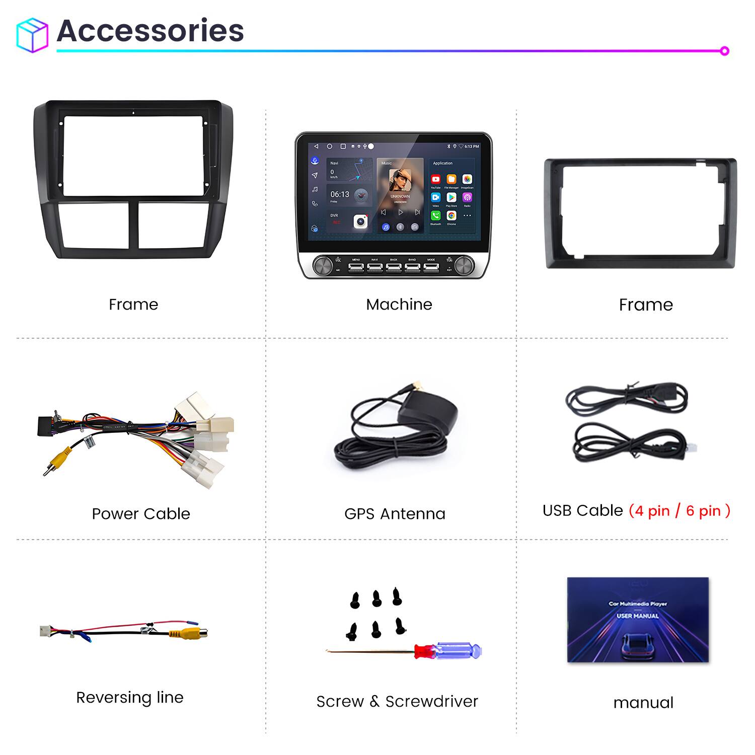 Accessories

- Frame
- Machine
- Frame
- Power Cable
- GPS Antenna
- USB Cable (4 pin / 6 pin)
- Reversing line
- Screw & Screwdriver
- Manual
