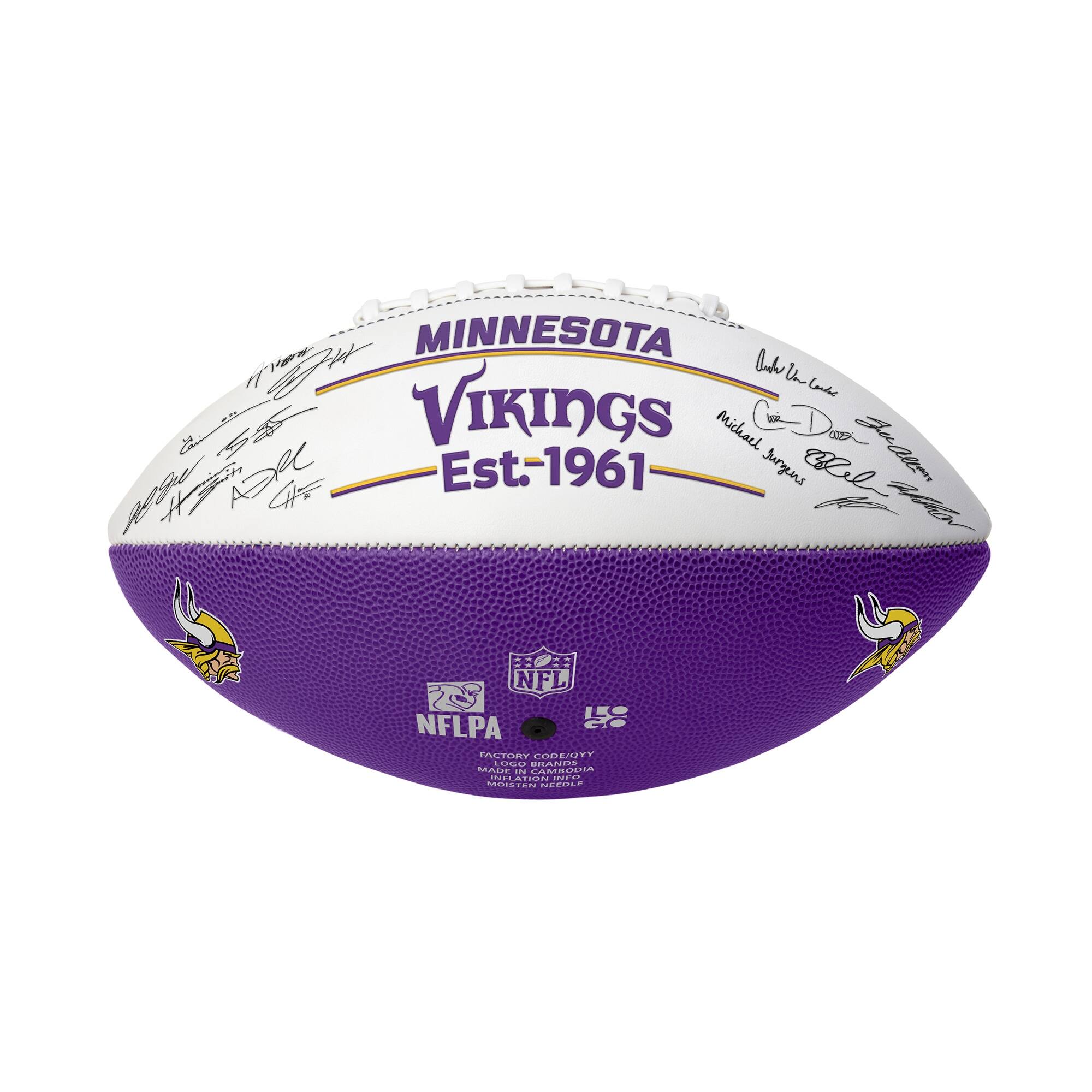 MINNESOTA  
VIKINGS  
Est-1961  

Michael Jurgens  
Jurgens  
Bothigtoe  
Al 202  

NFLPA  
FACTORY CODE/OTT  
MADE IN USA  
MADE IN CAMBODIA  

NFL  
NFLPA  

MODELO/GYY  
MADE IN CAMBODIA  
MADE IN CAMBODIA