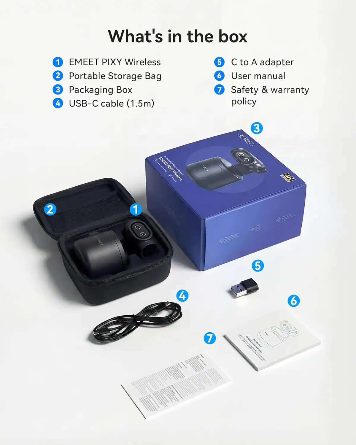 What's in the box:

1. EMEET PIXY Wireless
2. Portable Storage Bag
3. Packaging Box
4. USB-C cable (1.5m)
5. C to A adapter
6. User manual
7. Safety & warranty policy