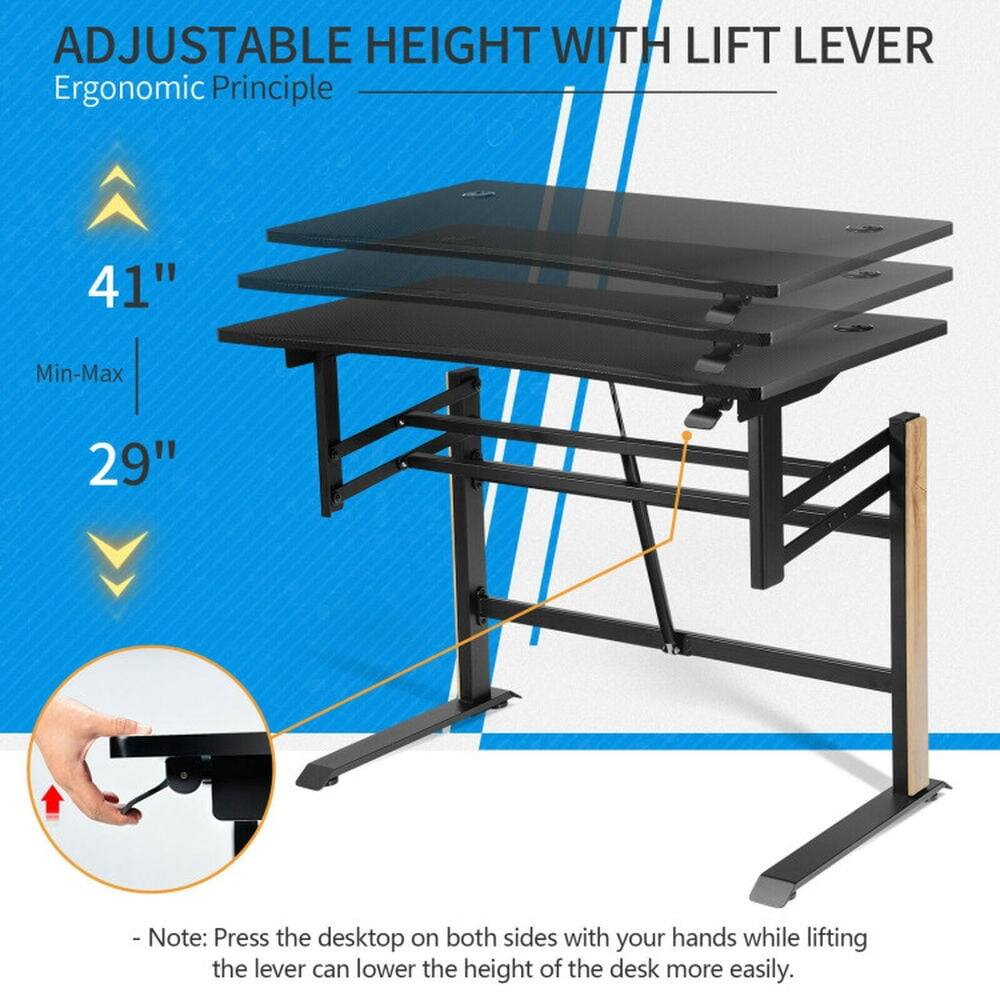 ADJUSTABLE HEIGHT WITH LIFT LEVER  
Ergonomic Principle  

41" Min-Max 29"  

- Note: Press the desktop on both sides with your hands while lifting the lever can lower the height of the desk more easily.