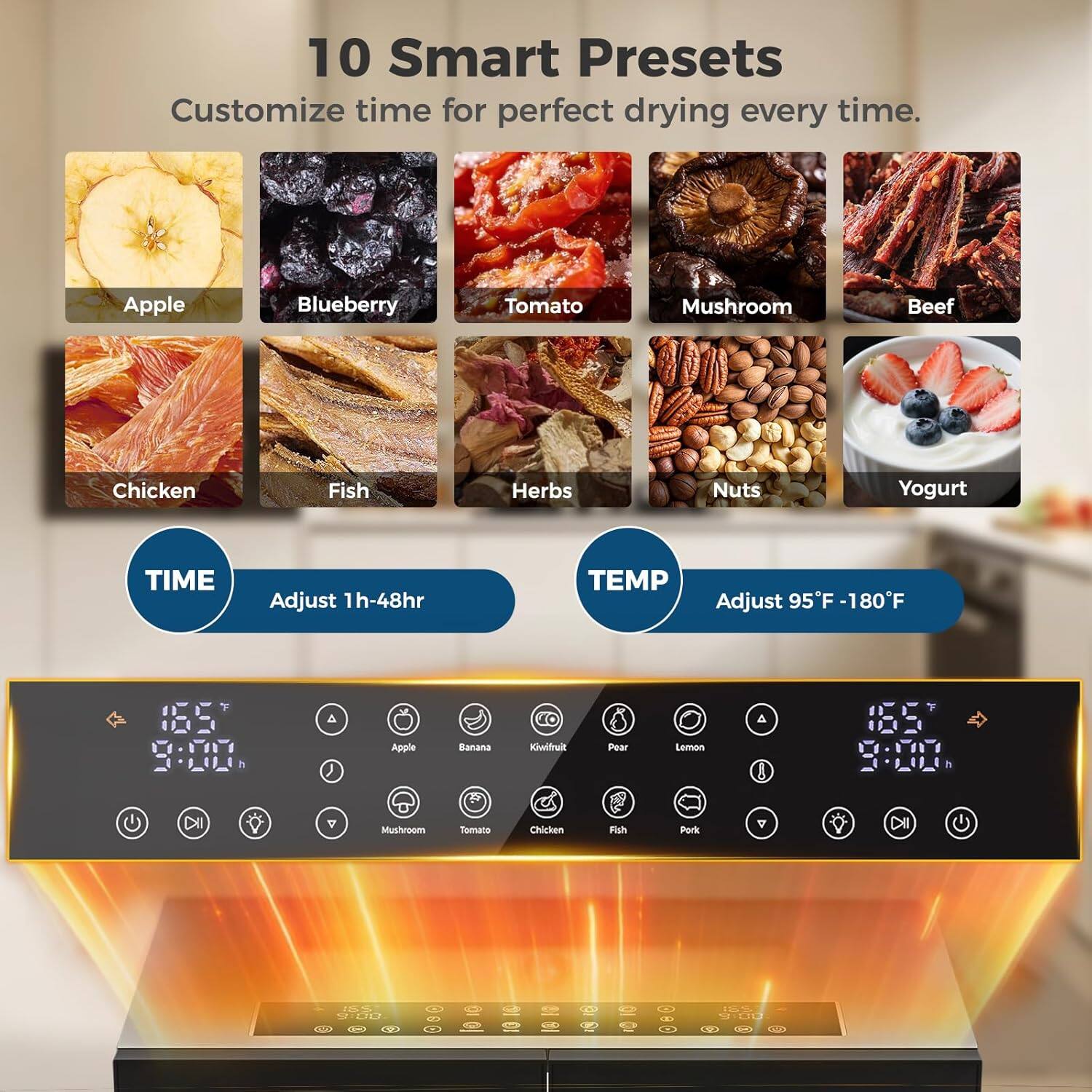10 Smart Presets Customize time for perfect drying every time. Apple Blueberry Tomato Mushroom Beef Chicken Fish Herbs Nuts Yogurt TIME Adjust 1h-48hr TEMP Adjust 95F -180F & Apple Banana Kiwi Fruit Pear Lemon 4 8 9:00 h Mushroom Tomato Chicken Fish Pork