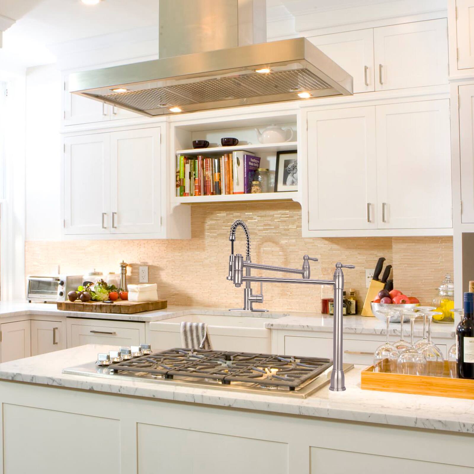 Alt View 5. Akicon - Akicon Solid Brass Deck-Mounted Pot Filler Kitchen Faucet with Dual Joint Swing Arms in Brushed Nickel - Brushed Nickel.