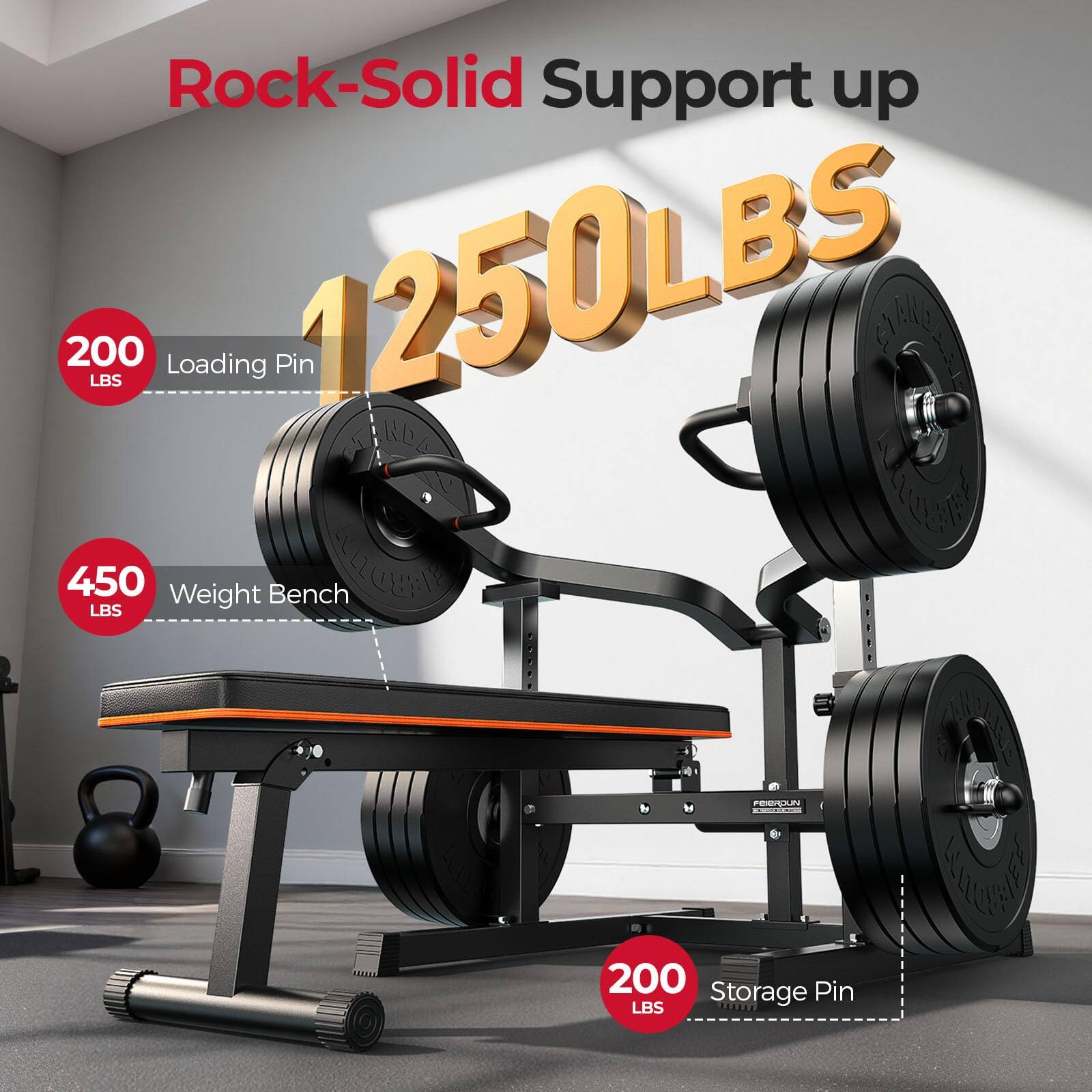 Rock-Solid Support up to 1250 LBS

- 200 LBS Loading Pin
- 450 LBS Weight Bench
- 200 LBS Storage Pin