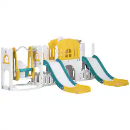 Qaba - in 1 Toddler Slide and Swing Set w/ 2 Slides, Basketball Hoop, Climber