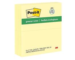 Post-it - Greener Recycled Notes, 3" x 5", Canary Collection, 100 Sheet/Pad, 12 Pads/Pack - Canary Yellow