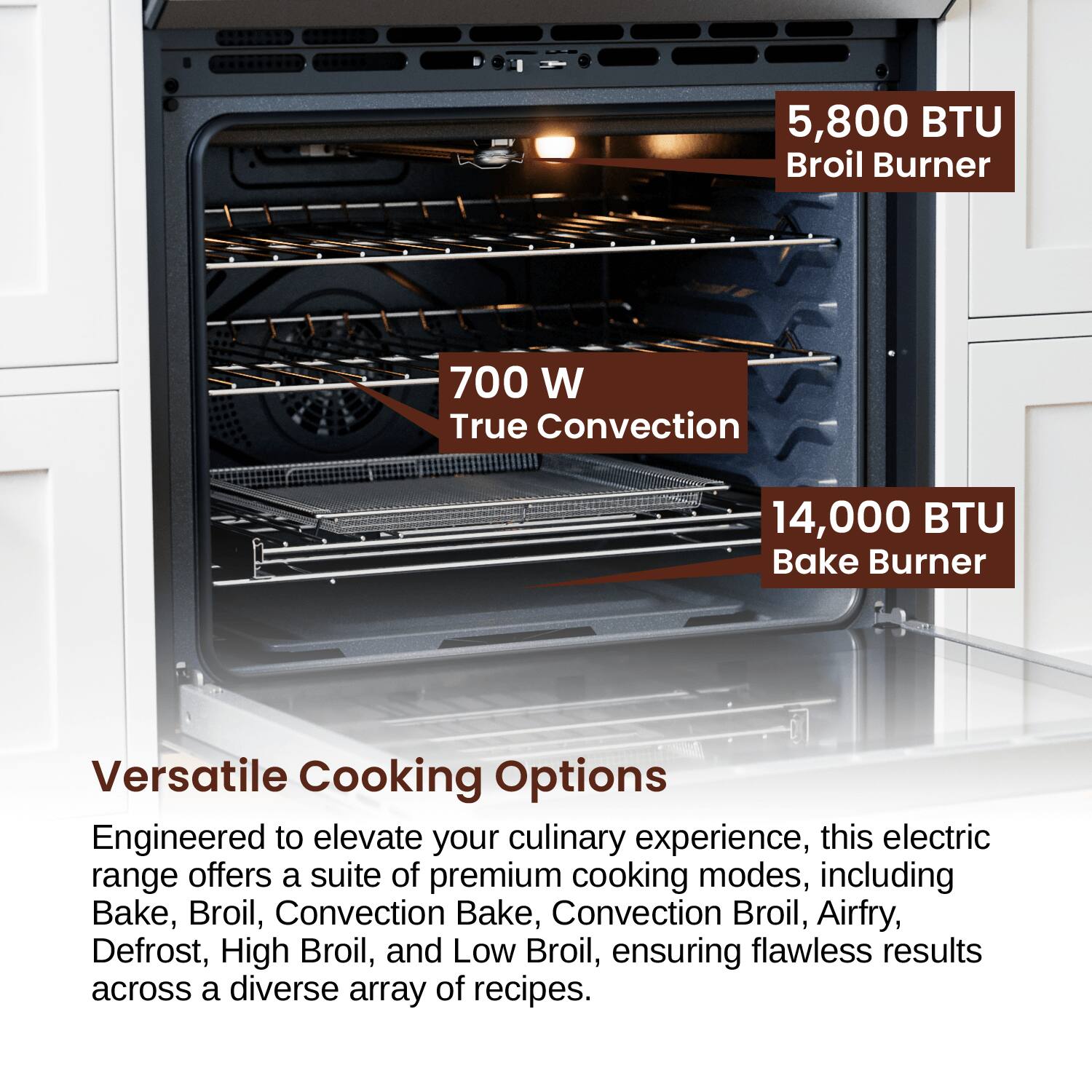 5,800 BTU Broil Burner
700 W True Convection
14,000 BTU Bake Burner

Versatile Cooking Options
Engineered to elevate your culinary experience, this electric range offers a suite of premium cooking modes, including Bake, Broil, Convection Bake, Convection Broil, Airfry, Defrost, High Broil, and Low Broil, ensuring flawless results across a diverse array of recipes.