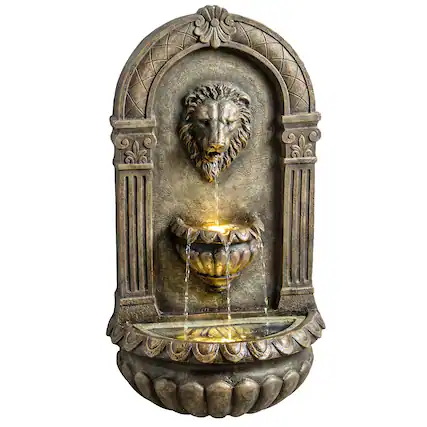 Front. Outsunny - 31" Wall-Mounted 3-Tier Outdoor Fountain, Cascading Waterfall Feature with LED Lights and Adjustable Flow.