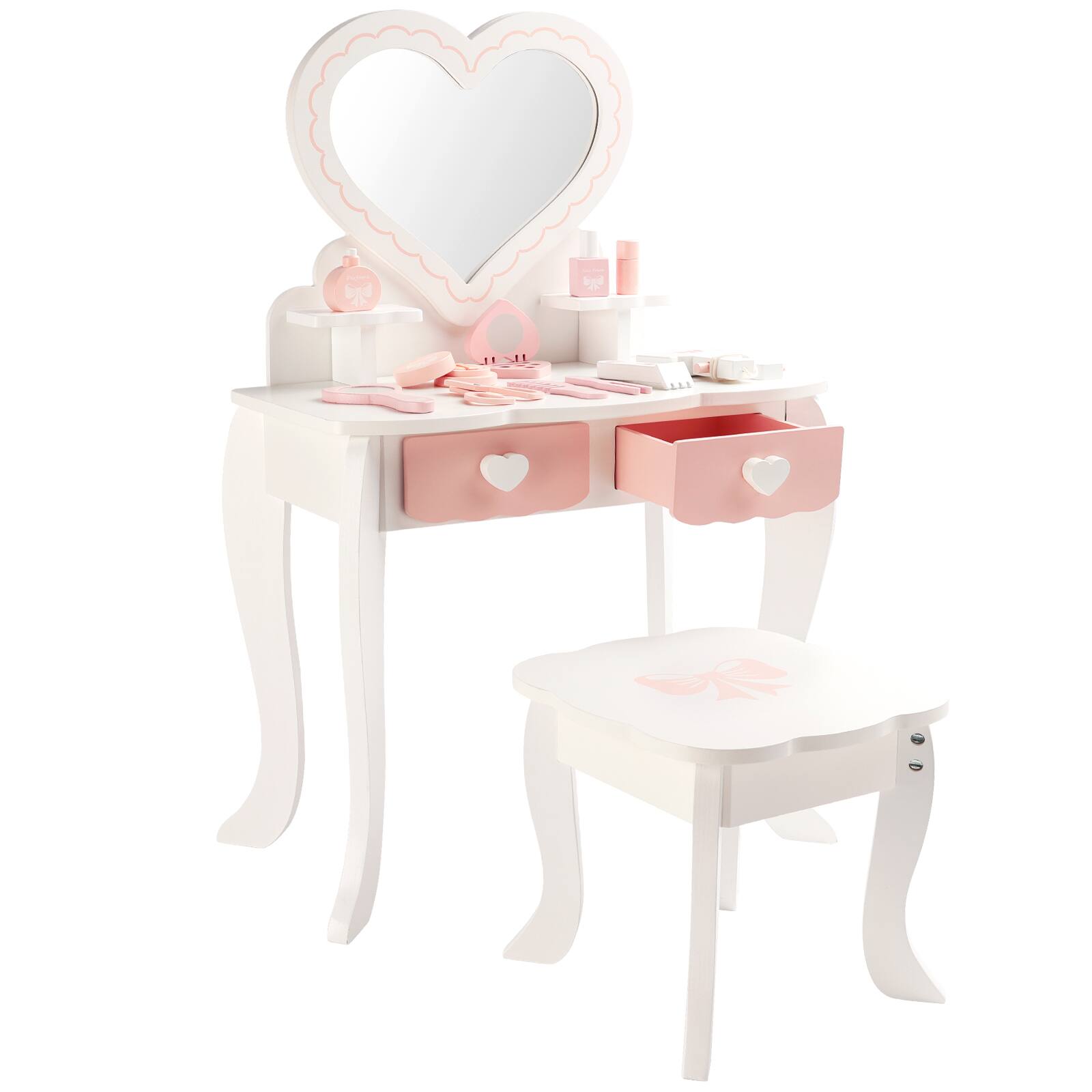 Front. Topteng - Kids Vanity Table Set with Stool & Mirror - 2 Drawers, Rounded Edges, for Girls Ages 3-8, Makeup Play & Storage - Pink.