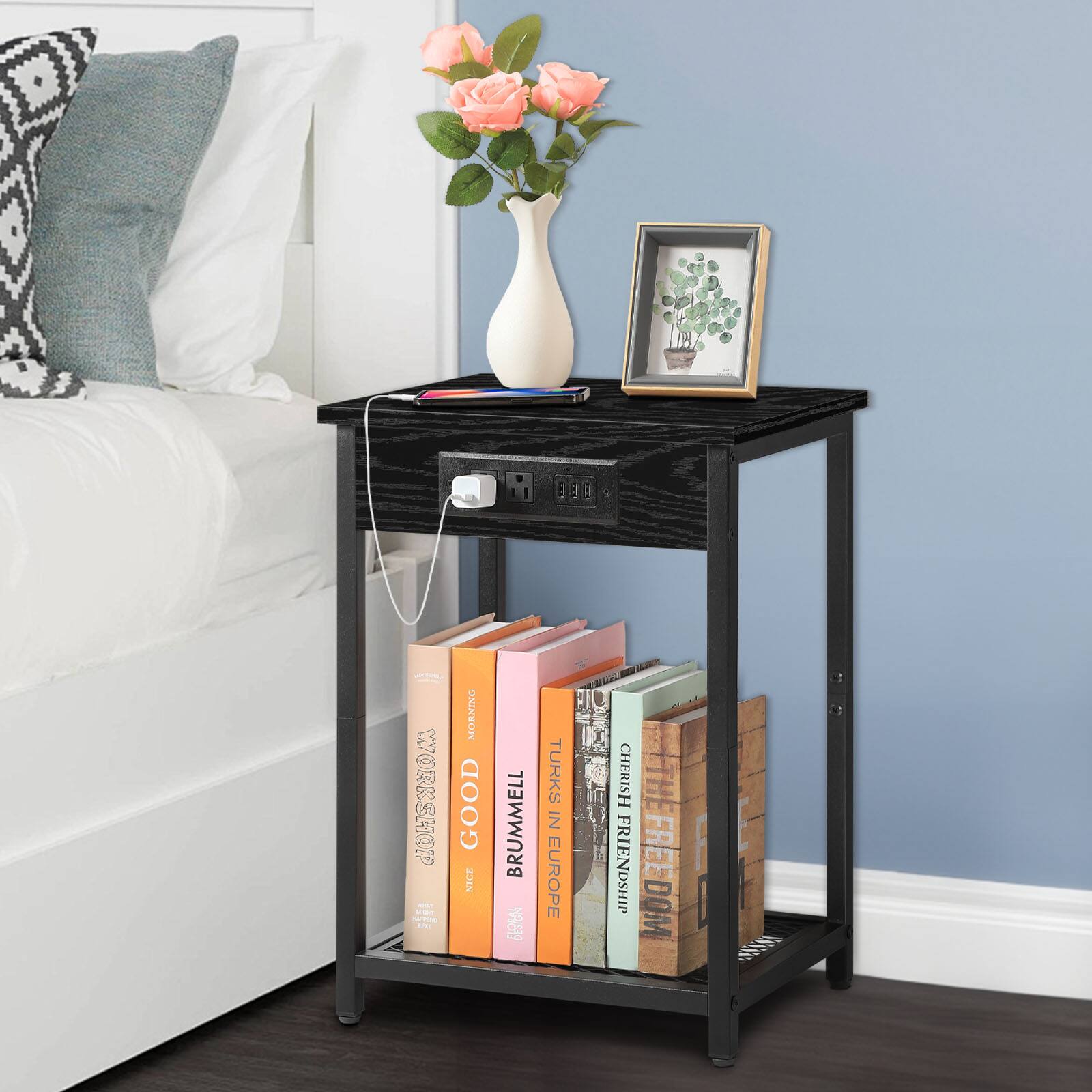 Oumilen - Set of 2 Nightstands with Charging Station, Industrial End Tables with Mesh Shelf - Black
