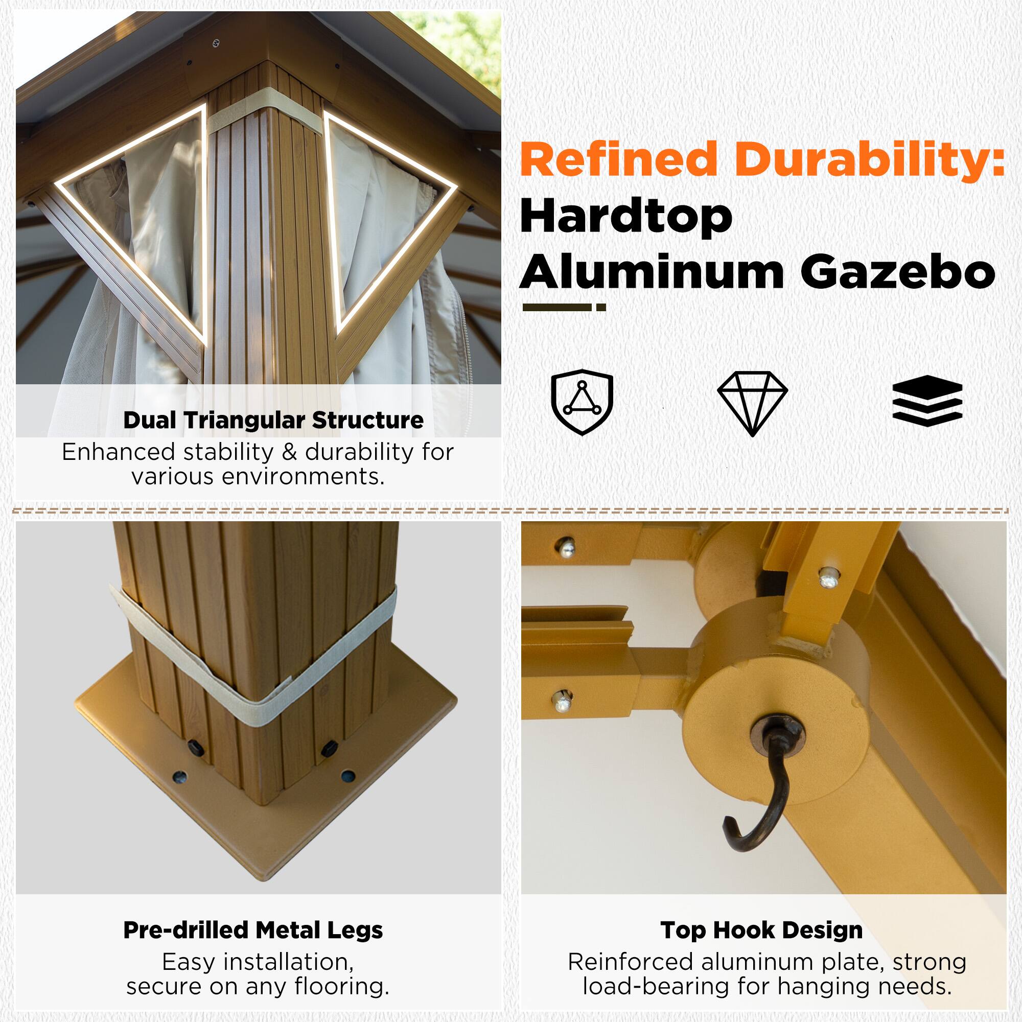 Refined Durability: Hardtop Aluminum Gazebo

Dual Triangular Structure
Enhanced stability & durability for various environments.

Pre-drilled Metal Legs
Easy installation, secure on any flooring.

Top Hook Design
Reinforced aluminum plate, strong load-bearing for hanging needs.