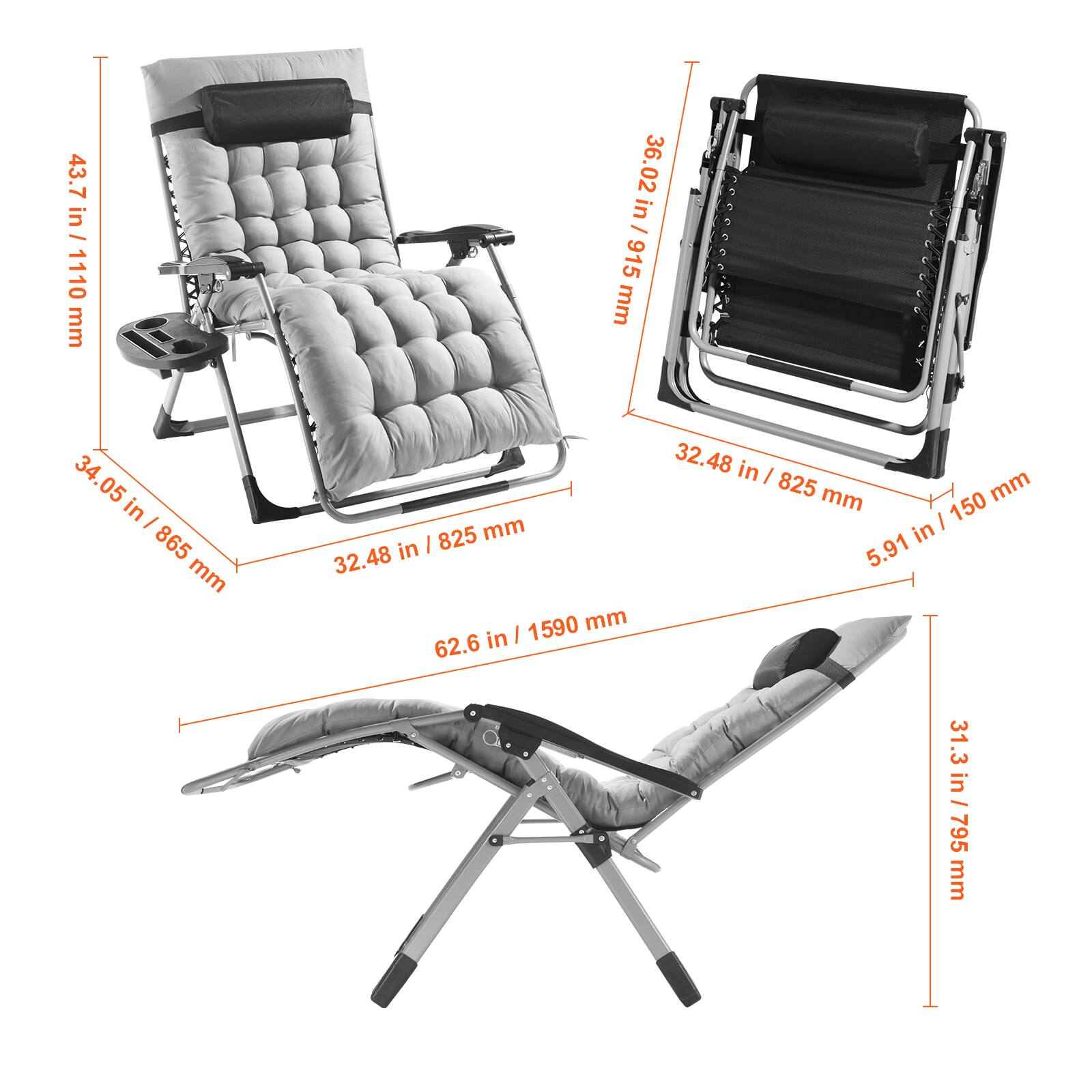 - 43.7 in / 1110 mm
- 34.05 in / 865 mm
- 32.48 in / 825 mm
- 62.6 in / 1590 mm
- 36.02 in / 915 mm
- 32.48 in / 825 mm
- 5.91 in / 150 mm
- 31.3 in / 795 mm
