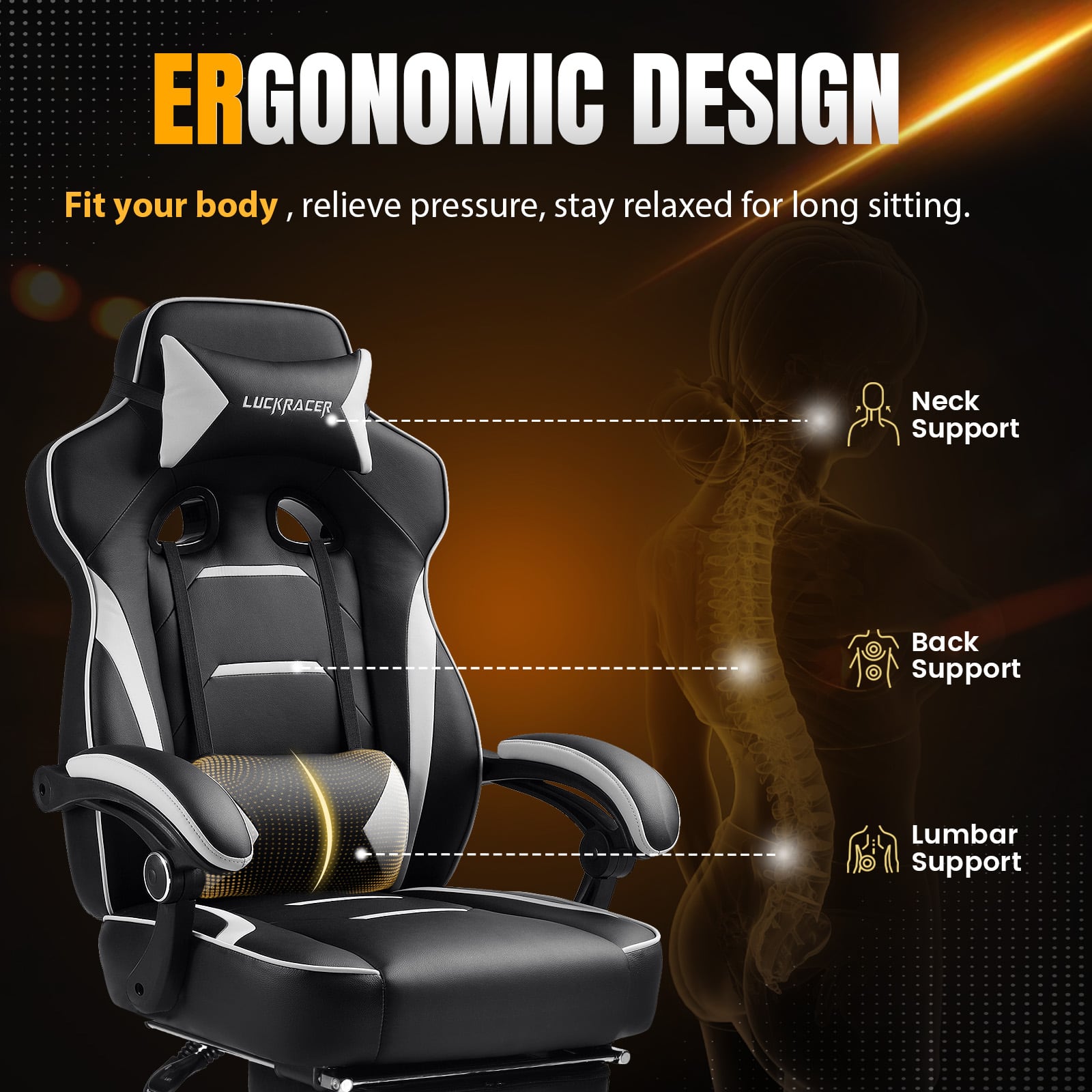 Ergonomic Design: Fit your body, relieve pressure, stay relaxed for long sitting. LuckRacer Neck Support, Back Support, Lumbar Support.
