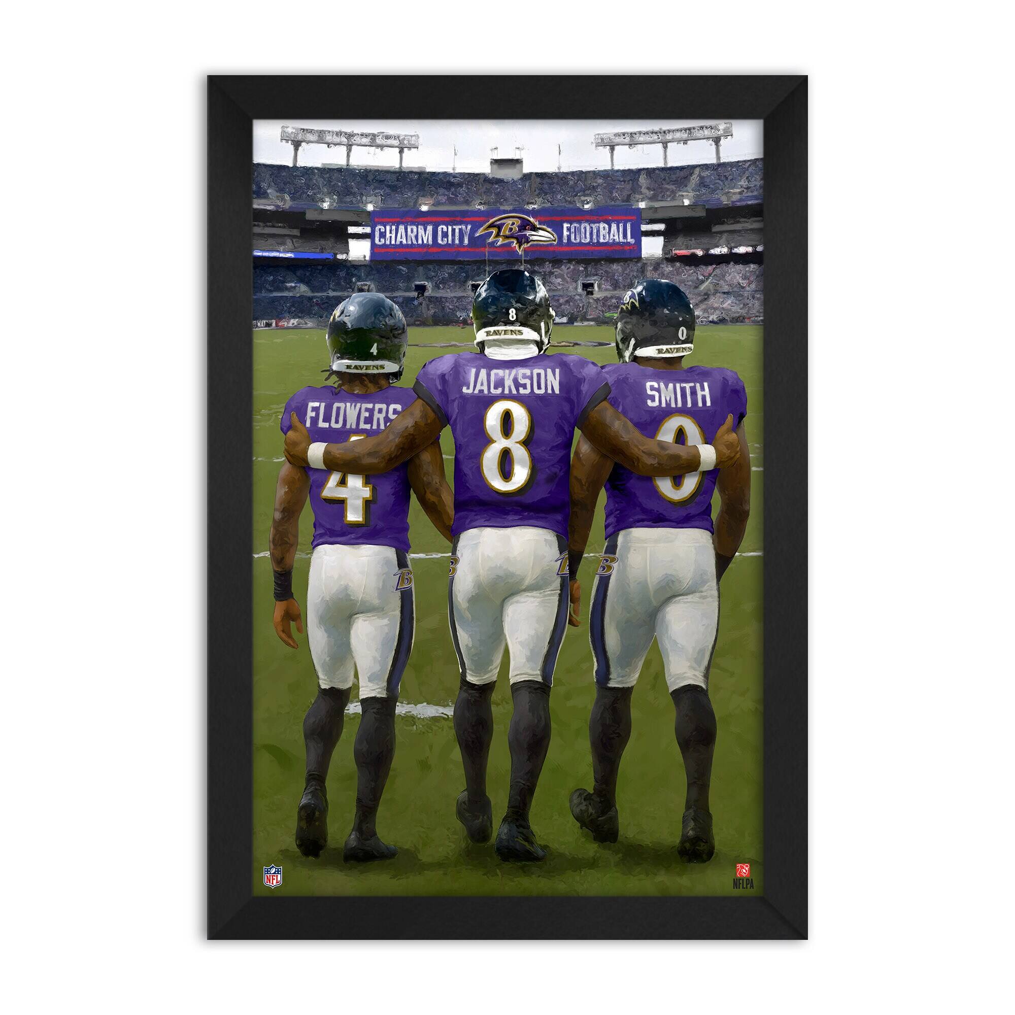 Zay Flowers, Lamar Jackson & Roquan Smith Baltimore Ravens Framed Three-Player Art Print