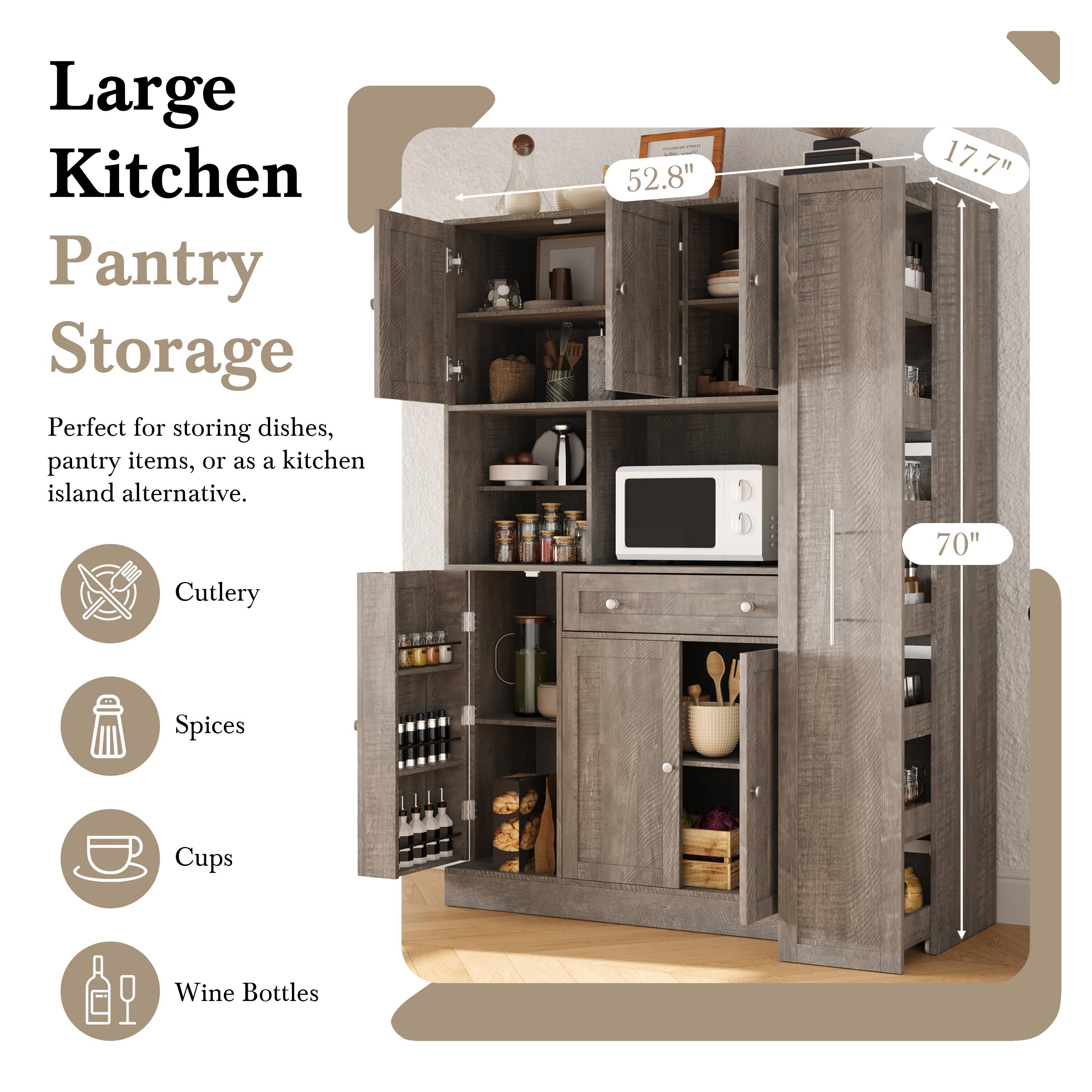 Large Kitchen Pantry Storage  
Perfect for storing dishes, pantry items, or as a kitchen island alternative.  

52.8"  
17.7"  
70"  

Cutlery  
Spices  
Cups  
Wine Bottles