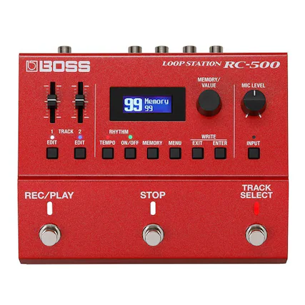 BOSS LOOP STATION RC-500
MEMORY/VALUE MIC LEVEL
Memory 99 99
1 TRACK 2 EDIT EDIT RHYTHM TEMPO ON/OFF MEMORY MENU WRITE EXIT ENTER INPUT REC/PLAY STOP TRACK SELECT