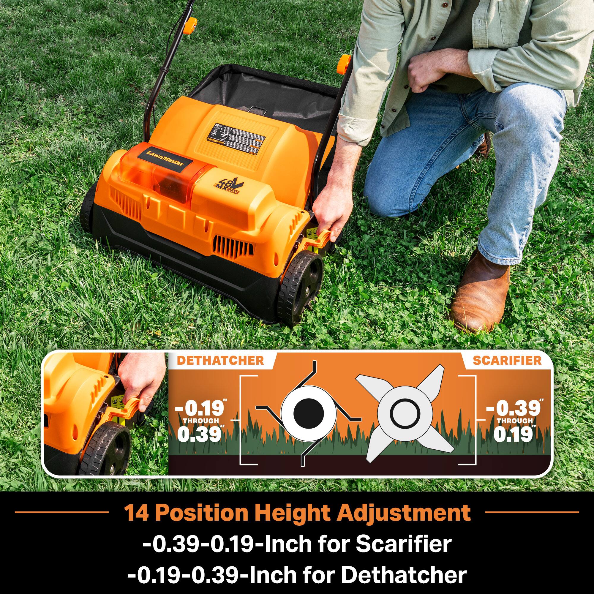 LawnMaster  
Launitions, 48xx888 48V  
DETHATCHER  
SCARIFIER  
-0.19" THROUGH 0.39"  
-0.39" THROUGH 0.19"  
14 Position Height Adjustment  
-0.39-0.19-Inch for Scarifier  
-0.19-0.39-Inch for Dethatcher