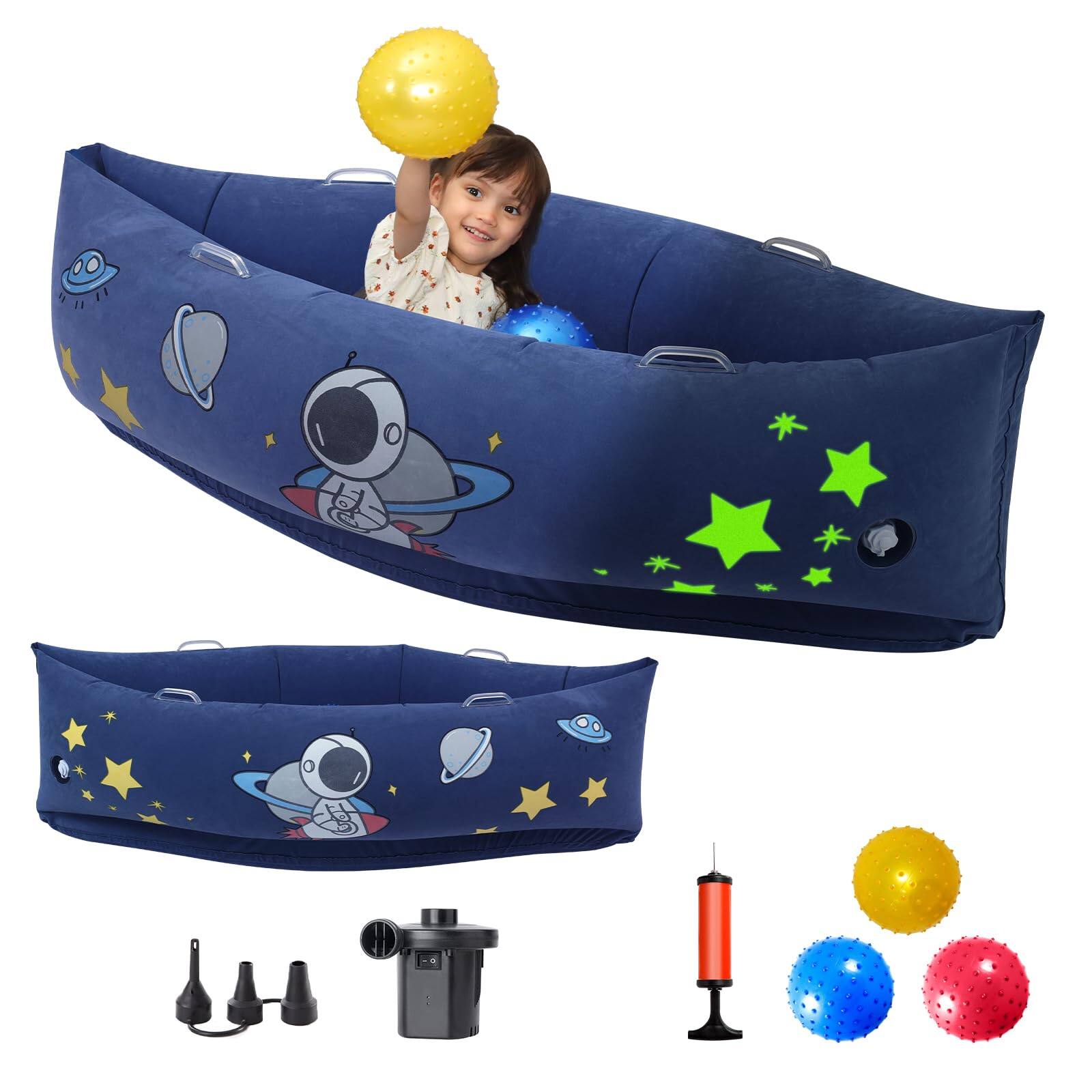 Front. JETRANSPORT - Sensory Peapod Chair For With Luminous Space Print|60 Inches Canoe In Bedroom Kitchen & Room Haves 3 - Space Blue.