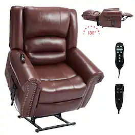 LUCKY ONE - Leather Dual Motor Power Lift Recliner Chair with Massage and Heat, USB, Side Pocket, Infinite Position, Power-Remote - Red