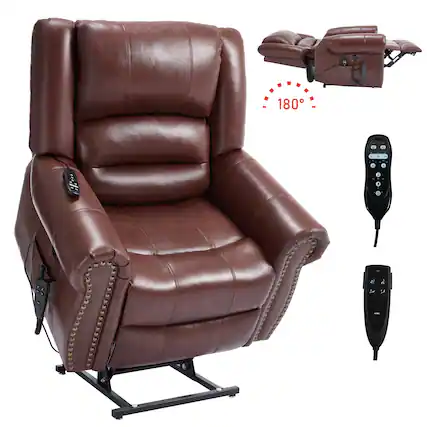 Front. LUCKY ONE - Leather Dual Motor Power Lift Recliner Chair with Massage and Heat, USB, Side Pocket, Infinite Position, Power-Remote - Red.