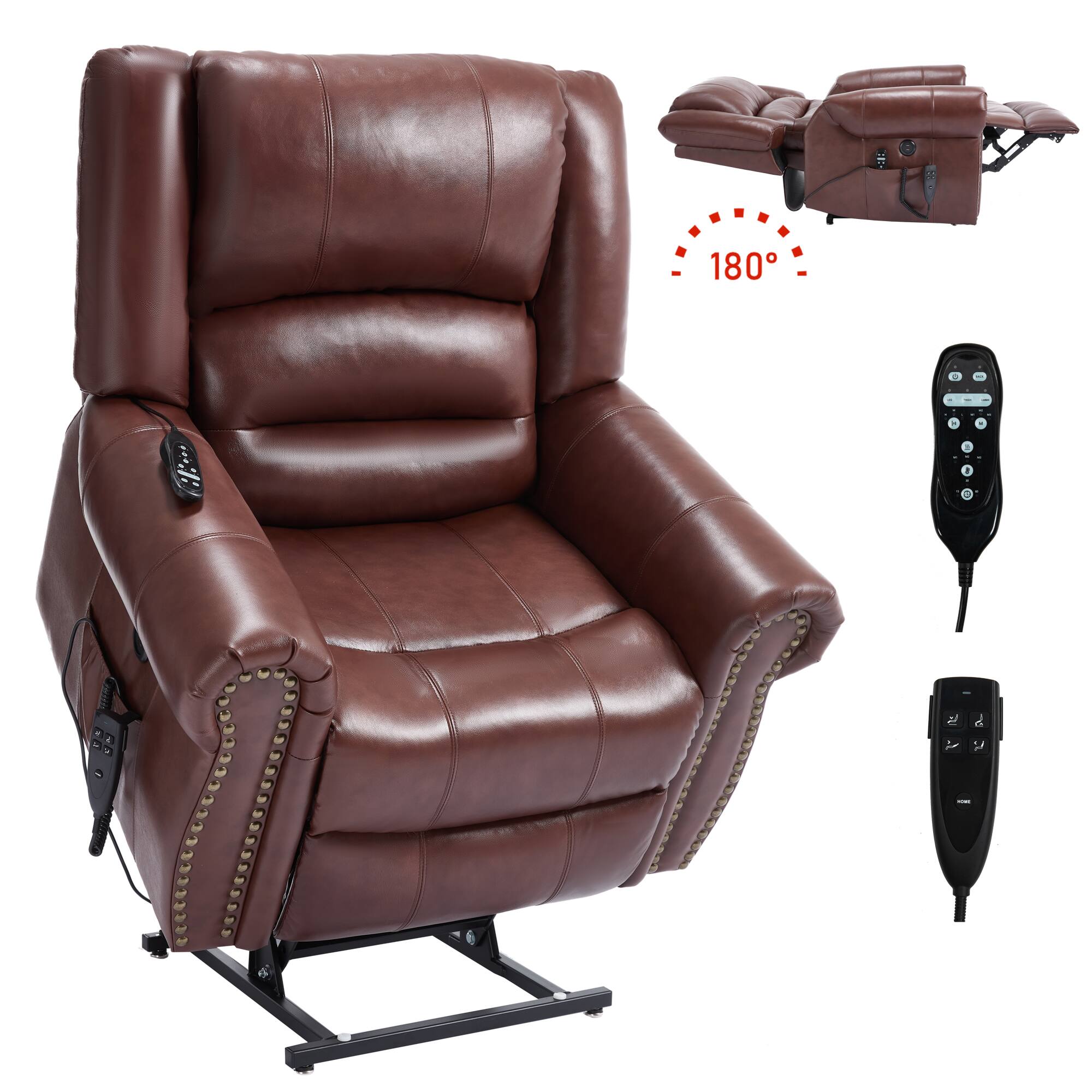 Front. LUCKY ONE - Leather Dual Motor Power Lift Recliner Chair with Massage and Heat, USB, Side Pocket, Infinite Position, Power-Remote - Red.