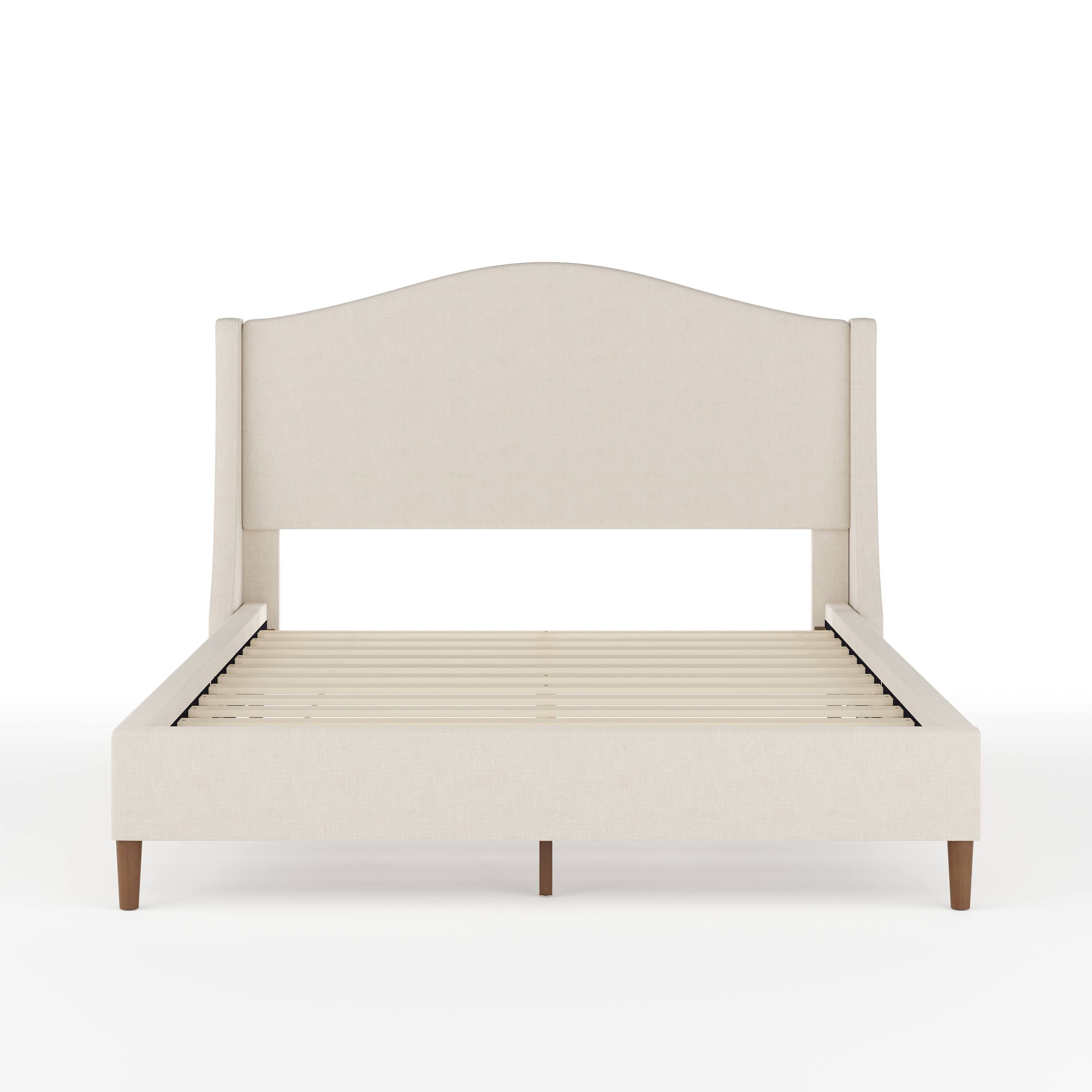 Alt View 18. Martha Stewart - Amelia Faux Linen Upholstered Full Size Platform Bed with Curved Headboard - Beige Fabric/Walnut Legs.