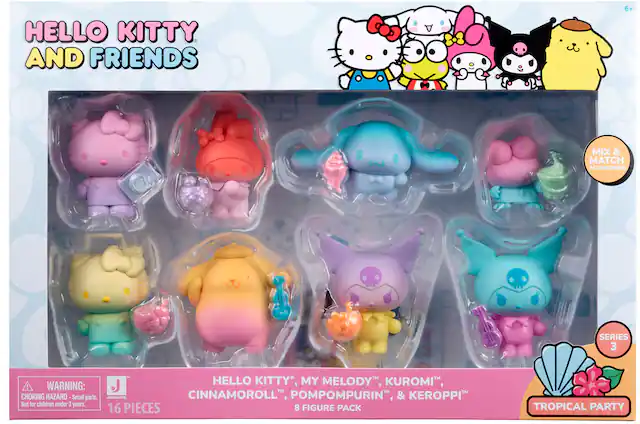 Hello Kitty and Friends 6+ Mix & Match Accessories! Warning: Choking Hazard - Small parts. Not for children under 3 years. Hello Kitty, My Melody, Kuromi, J Jazwares Cinnamoroll, Pompompurin, & Keroppi 16 Pieces 8 Figure Pack Series 3. Tropical Party.