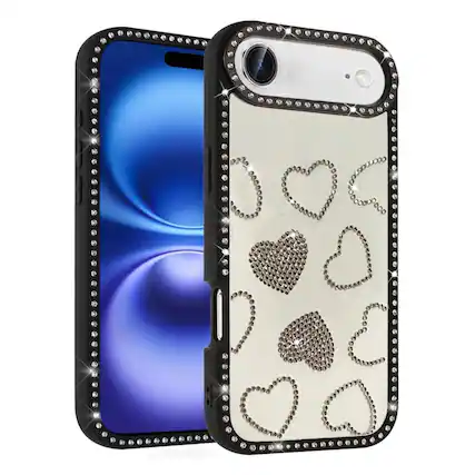 Front. Kitcheniva - Rhinestone Hearts Design Phone Case With Tempered Glass For iPhone Air Black - Black.