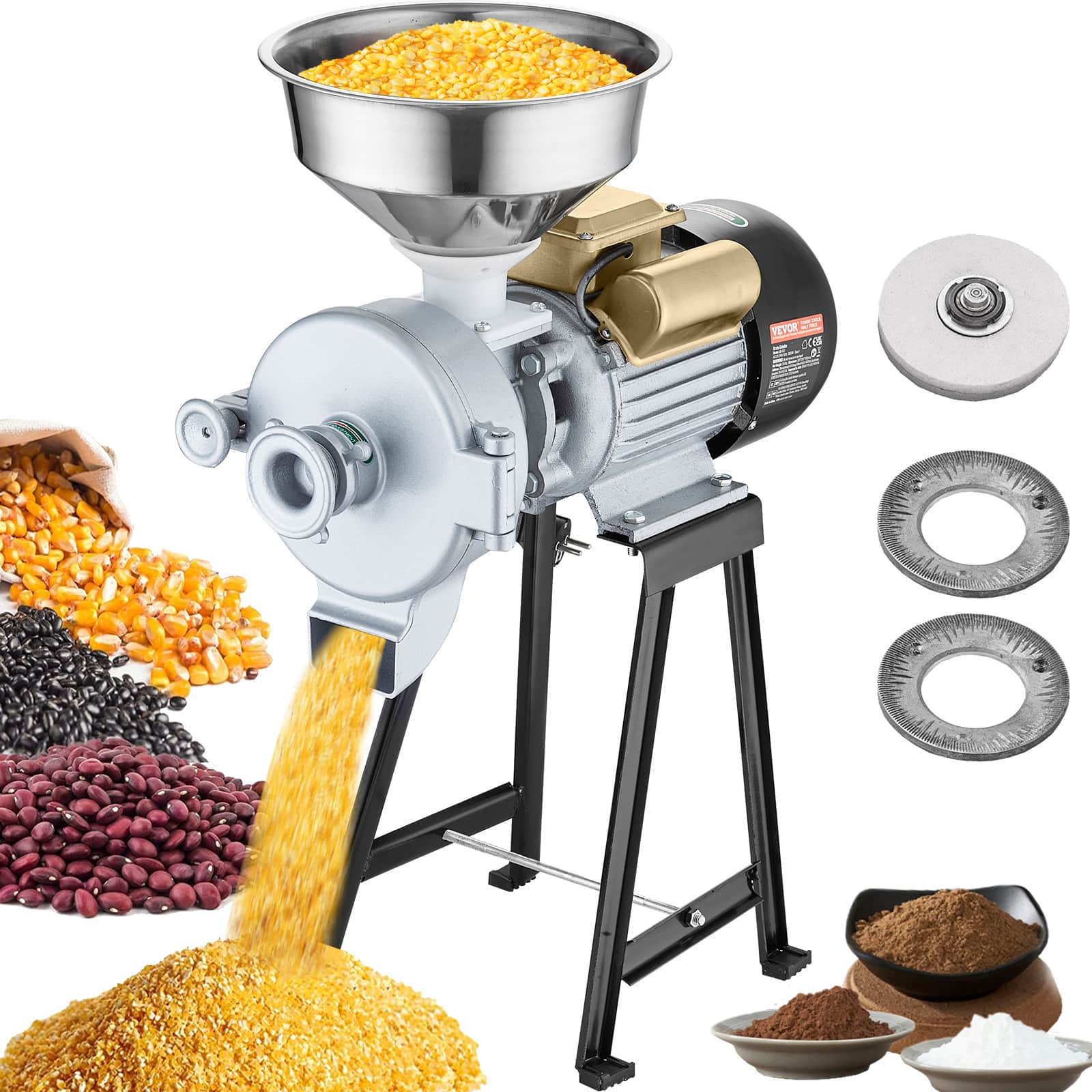 VEVOR - Electric Grain Mill Grinder, 3000W Spice Grinders, Commercial Corn Mill with Funnel - Black