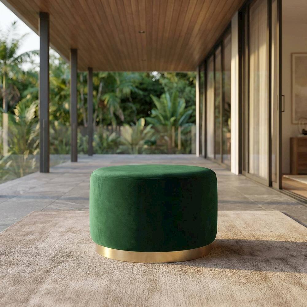 Angle. Outdoor Escape - Performance Velvet Round Ottoman, Neutral Color, Plush Upholstery, Sturdy Base - Green.