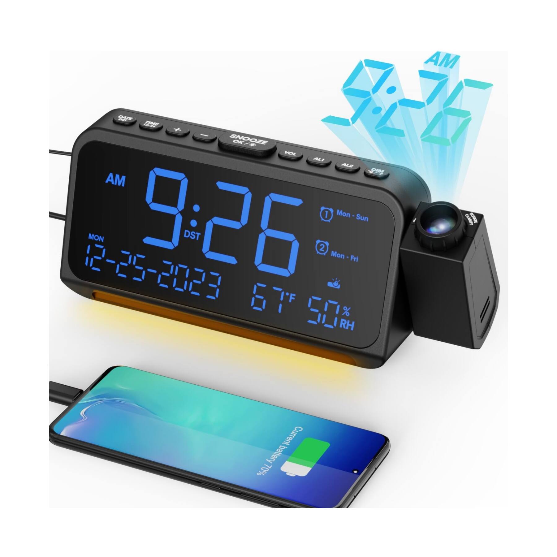 Front. Dazzed Corner - Projection Alarm Clock,Digital Clock Projector,Type-C USB Charger,12/24H - Black.