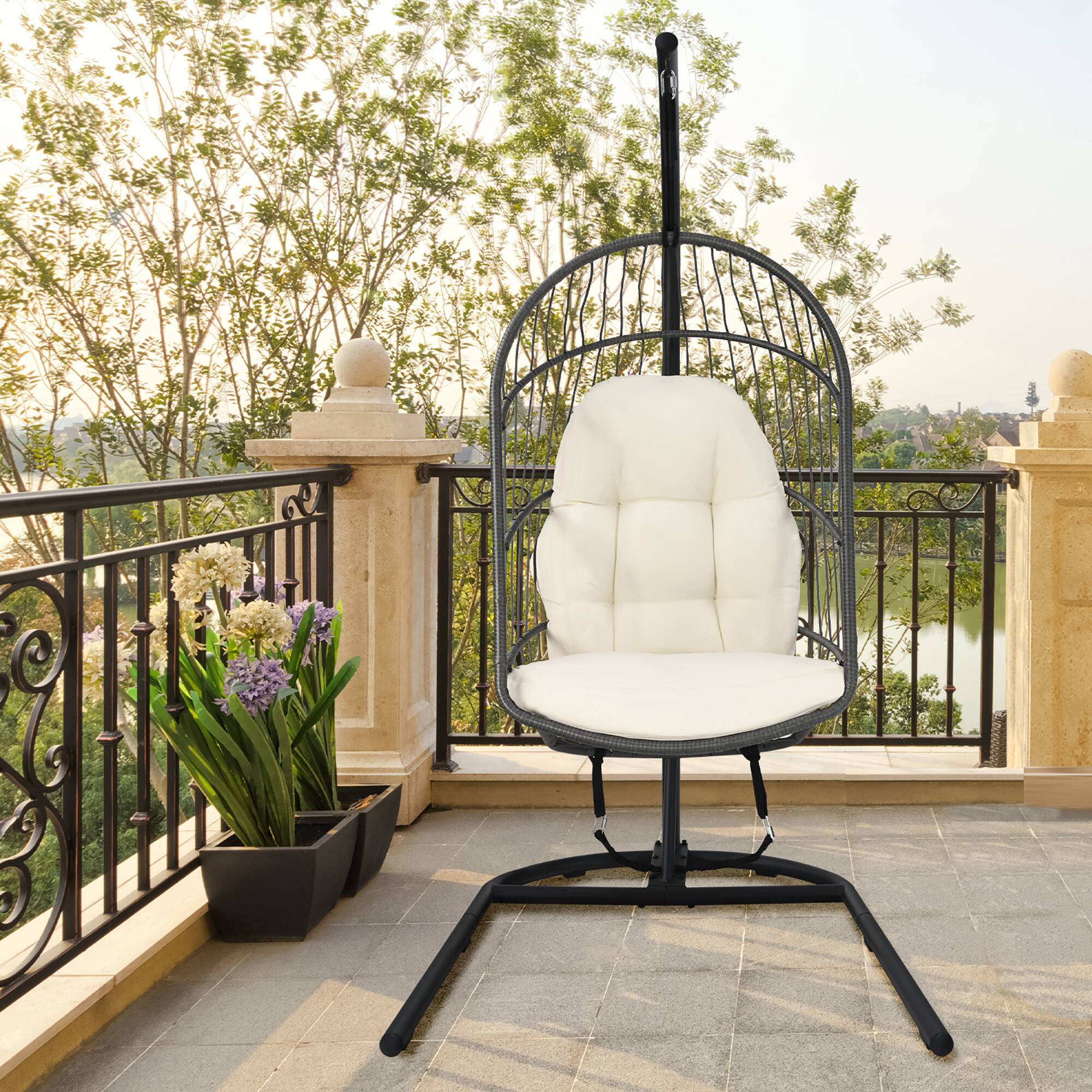 Alt View 3. Costway - Costway Hanging Wicker Egg Chair w/ Stand Cushion Foldable Outdoor Indoor - Beige.