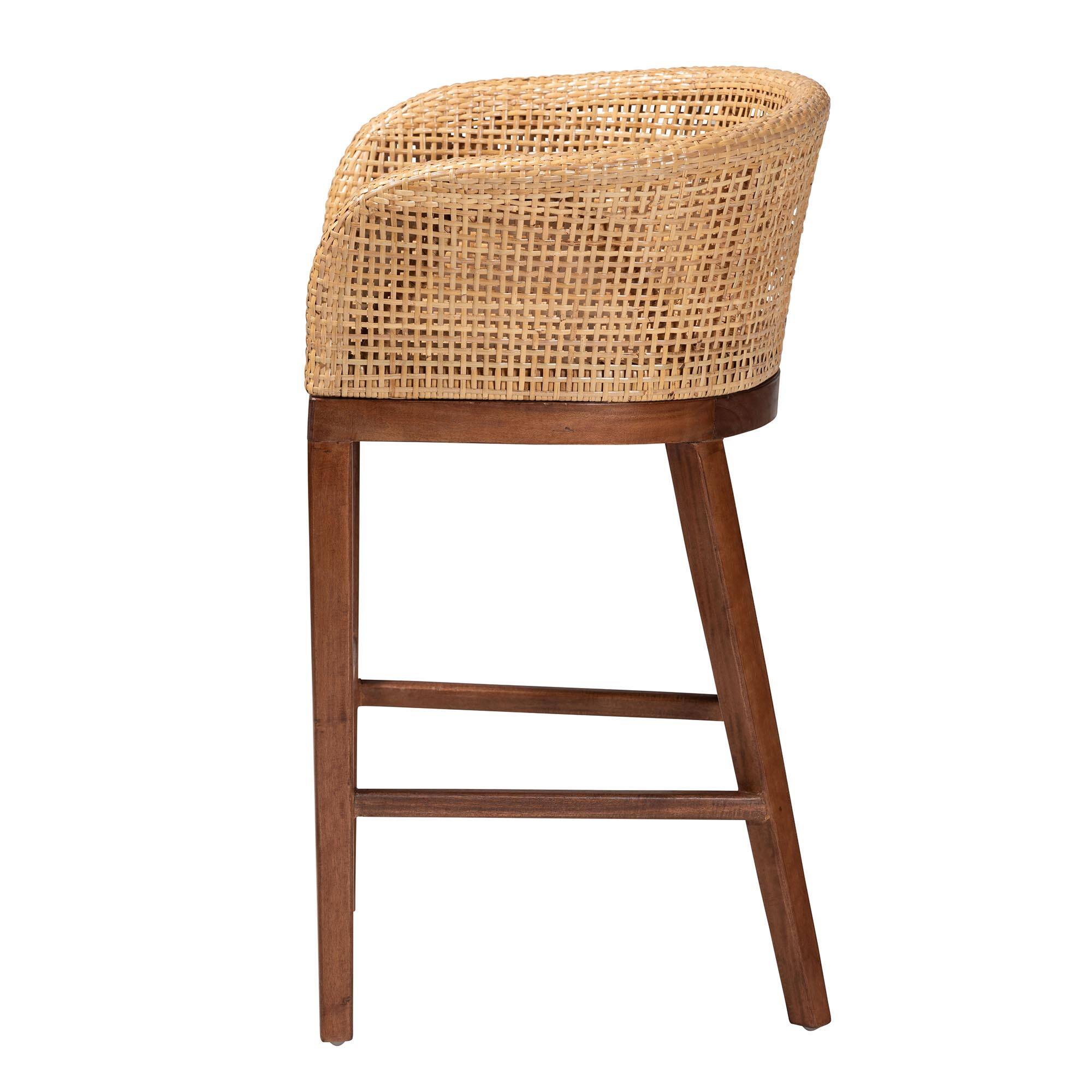 Left. bali & pari - Papua Modern Bohemian Natural Rattan and Walnut Acacia Wood Counter Stool - Natural Brown/Walnut Brown.