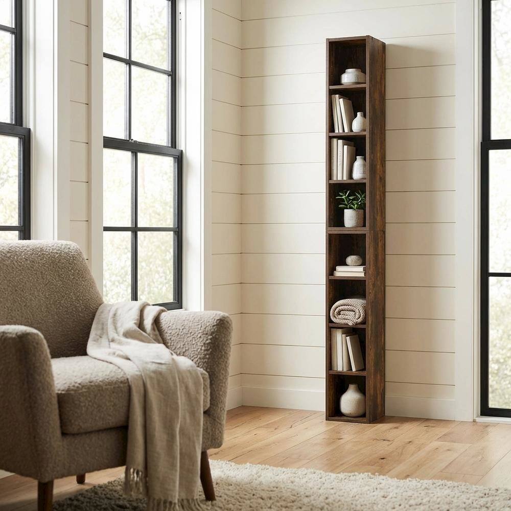 Left. FurniFact - Amber Pine 8-Tier Bookcase with Space Saving Storage Shelf - Amber Pine.