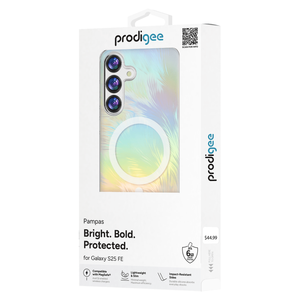 prodigee

SCAN FOR INFO

Pampas Bright. Bold. Protected. for Galaxy S25 FE

Compatible with Lightweight MagSafe & Slim And 0 enabled Minimal weight wireless chargers Maximum efficiency.

6G DROP TESTED Impact-Resistant Sides Durable silicone absorbs everyday shocks

prodigee $44.99 HERE OPEN PULL TO