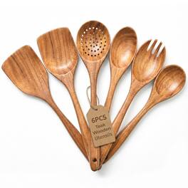 Luminuxe - Wooden Kitchen Utensil Set, 6pc Natural Teak Wood Cooking Spoons & Spatula with Hanging Storage Hole