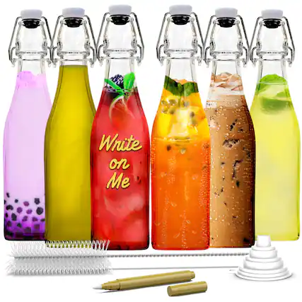 Front. Nevlers - 17 Oz. Square Swing Top Glass Bottles with Bottle Brush, Funnel and Marker (Set of 6) - Clear.