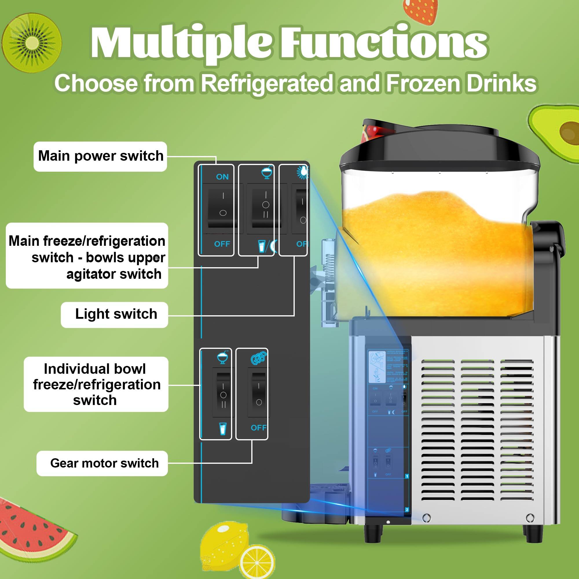 Multiple Functions  
Choose from Refrigerated and Frozen Drinks  

- Main power switch  
- Main freeze/refrigeration switch - bowls upper agitator switch  
- Light switch  
- Individual bowl freeze/refrigeration switch  
- Gear motor switch