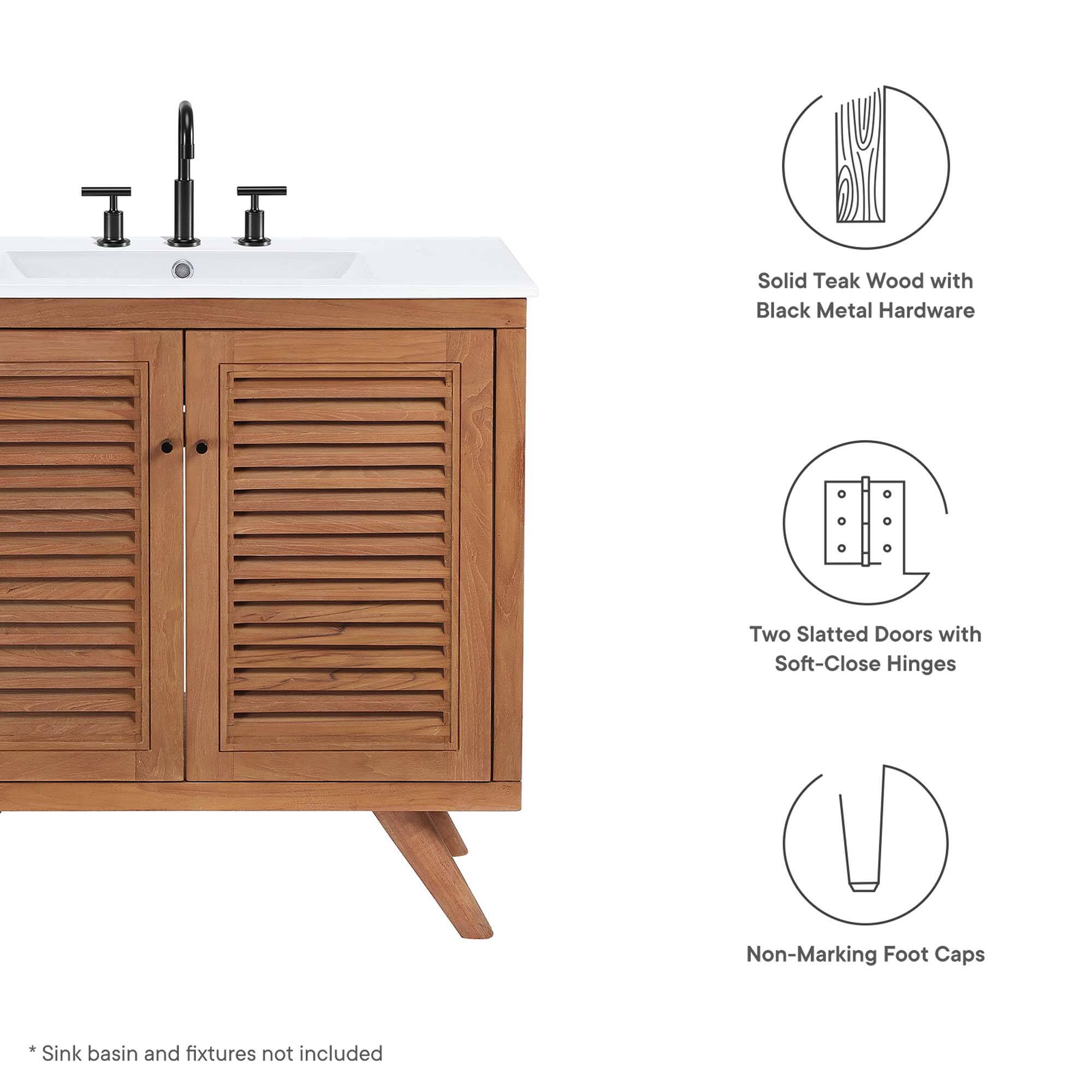 Solid Teak Wood with Black Metal Hardware  
Two Slatted Doors with Soft-Close Hinges  
Non-Marking Foot Caps  

Sink basin and fixtures not included