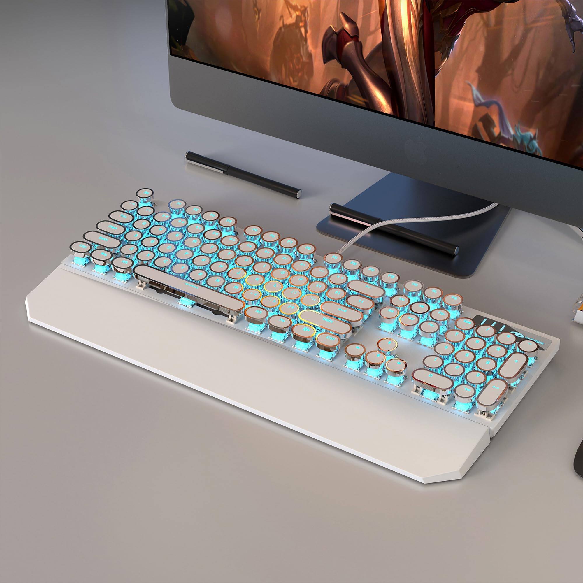 Alt View 1. MageGee - MageGee Typewriter Mechanical Gaming Keyboard, Punk Round 104‑Key, LED Blue Backlit, Blue Switch Magnetic Wrist Rest - White.