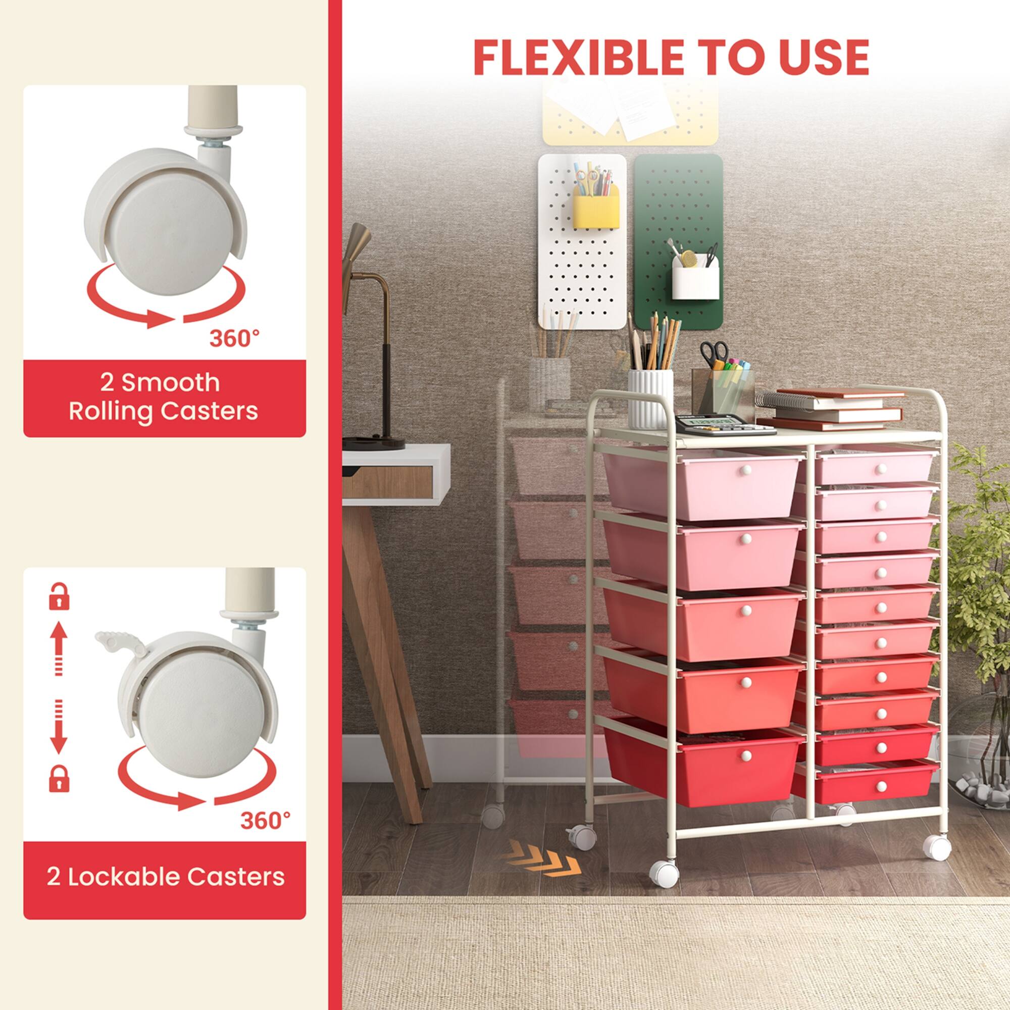 The text on the image is grouped and corrected as follows:

FLEXIBLE TO USE:
360° 2 Smooth Rolling Casters
360° 2 Lockable Casters