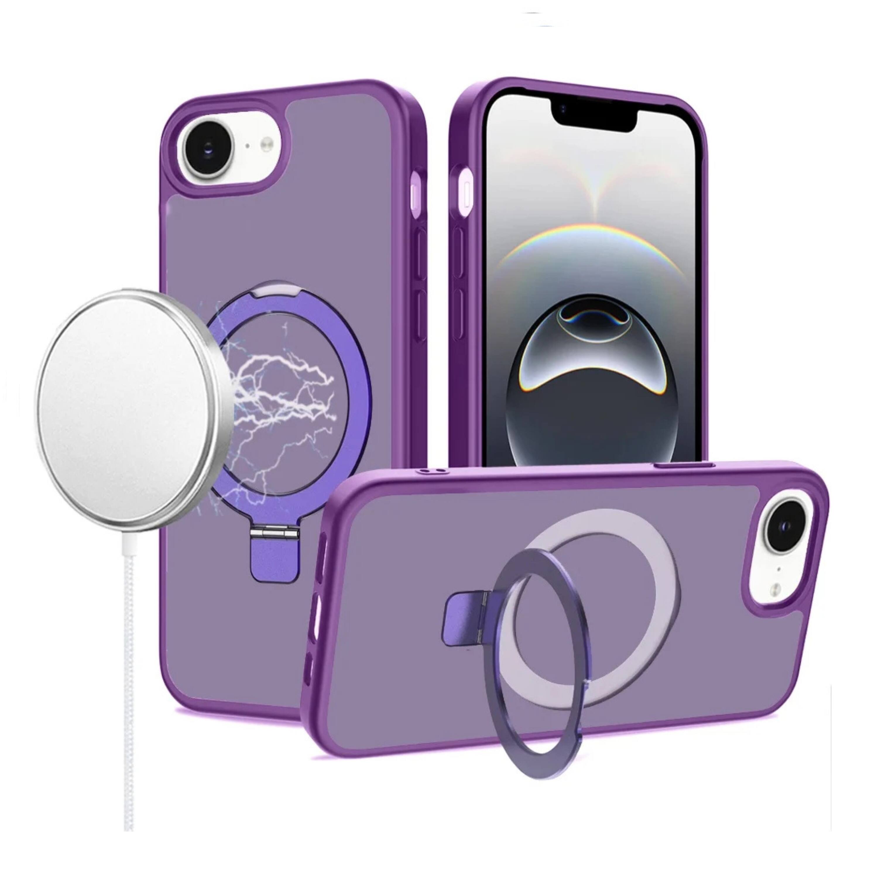 Front. Kitcheniva - Metal Circle Ring Stand Rugged Phone Case With Tempered Glass For iPhone 16e 17e Purple - Purple.