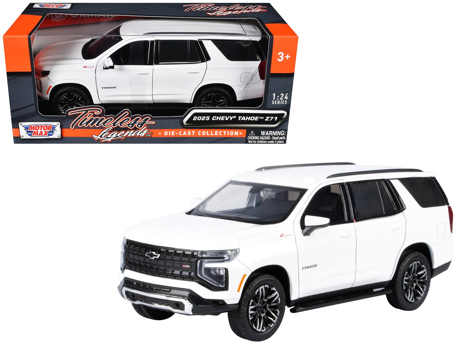 **Timeless Legends™**

**1:24 SERIES**

**2025 CHEVY TAHOE™ Z71**

**DIE-CAST COLLECTION**

**MOTOR MAX**

**WARNING: CHOKING HAZARD - Small parts. Not for children under 3 years.**

**3+**