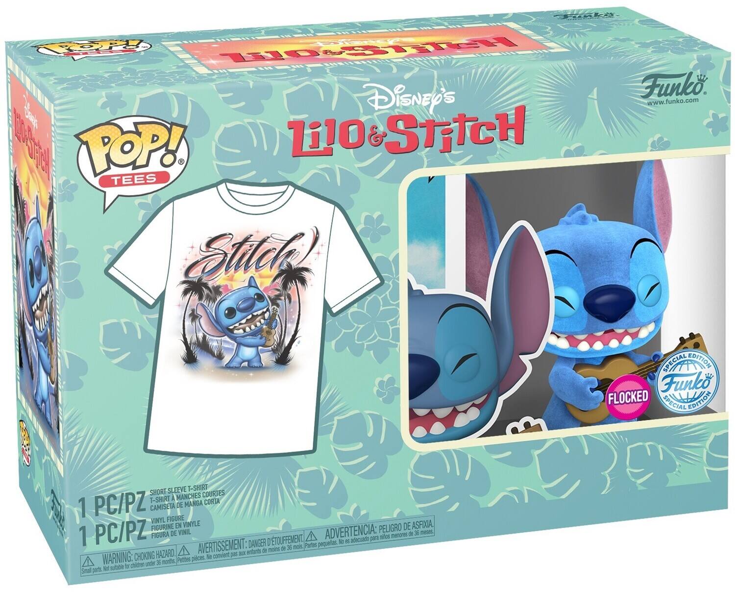 Sure, here is the corrected and grouped text from the image:

---

**Disney's Lilo & Stitch**

**POP! TEES**

**Stitch**

**Funko**

**www.funko.com**

**SPECIAL EDITION**

**FLOCKED**

**SPECIAL EDITION**

**1 PC/PZ SHORT SLEEVE T-SHIRT**

**1 PC/PZ VINYL FIGURE**

**ADVERTENCIA: PELIGRO DE ASFIXIA**

**AVERTISSEMENT: DANGER D'ASPIRATION**

**WARNING: CHOKING HAZARD**

**Pequeñas piezas. No adecuado para menores de 3 años.**

**Small parts. Not suitable for children under 3 years.**

**Peu de pièces. Ne convient pas aux enfants de moins de 3 ans.**

**Peittes pièces. Ne convient pas aux enfants de moins de 3 ans.**

**1 PC/PZ DE MANGA CORTA**

**1 CAMISETA VINTL FIGURINE EN VINTL DE ASFIXA**

**PC/PZ DE VINIL**

**ADVERTENCIA: PELIGRO DE ASFIX