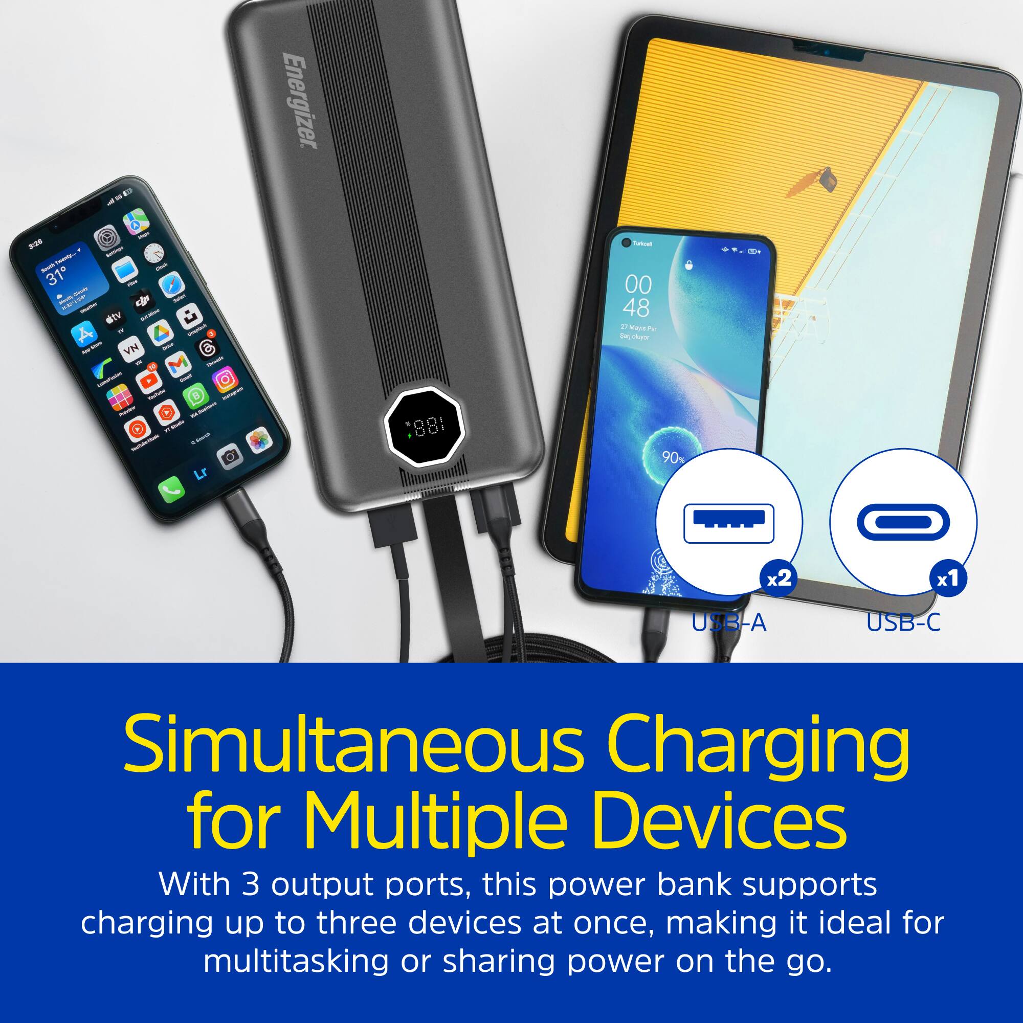 Energizer.  
Simultaneous Charging for Multiple Devices  
With 3 output ports, this power bank supports charging up to three devices at once, making it ideal for multitasking or sharing power on the go.